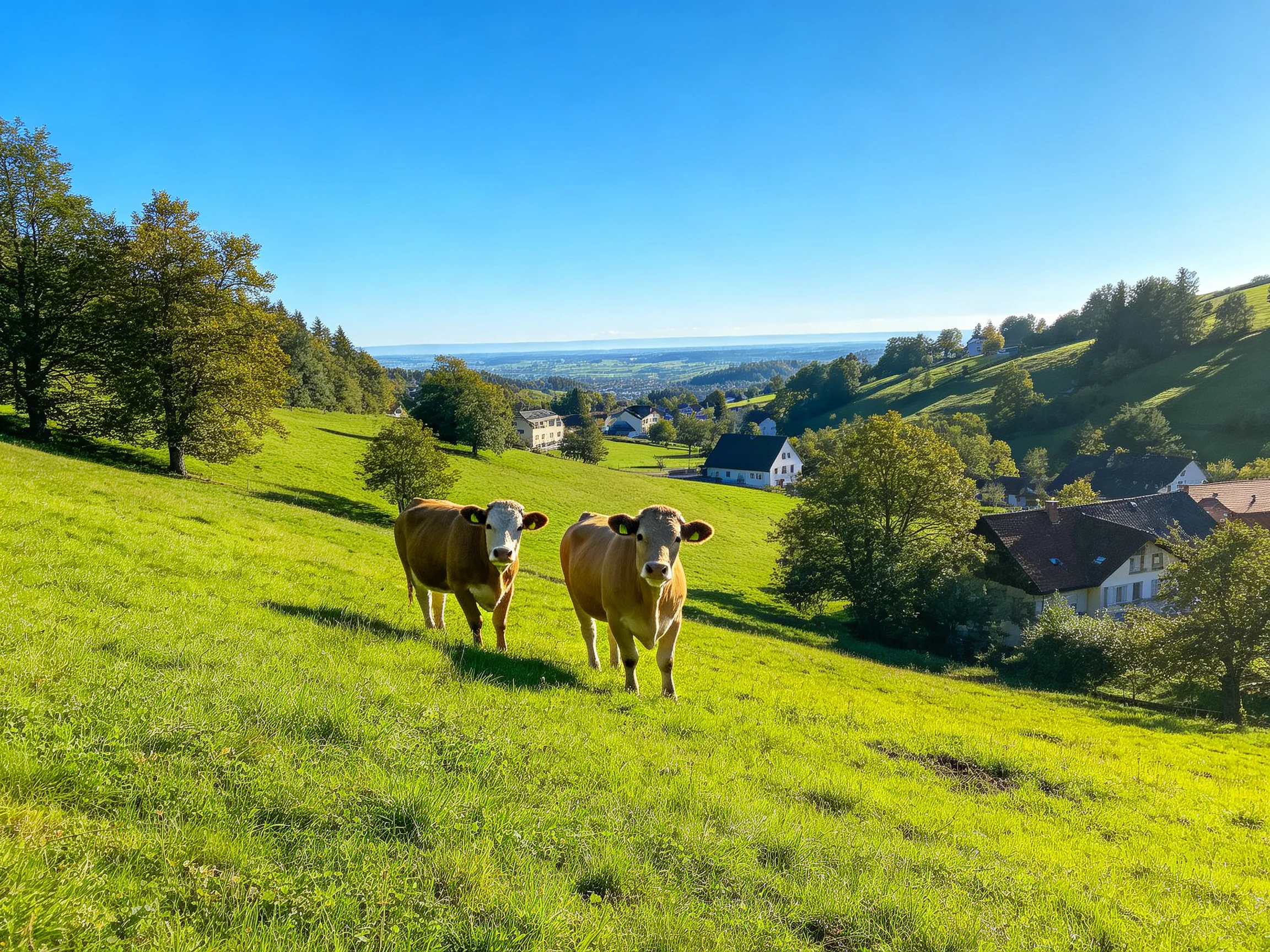 Two cows stand on a green hillside with a village in the distance.