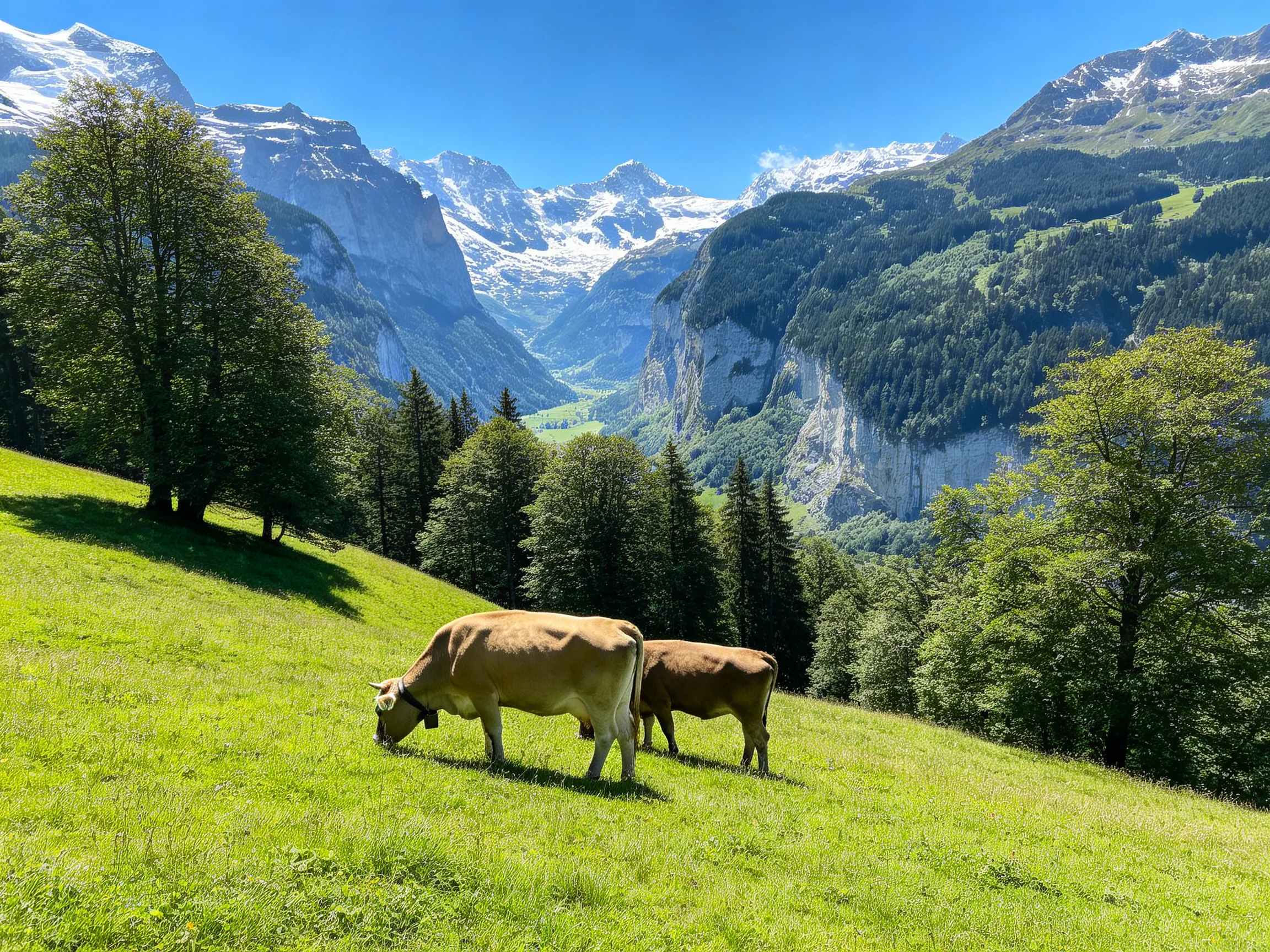 Two cows graze on a green hillside with majestic mountains in the background.