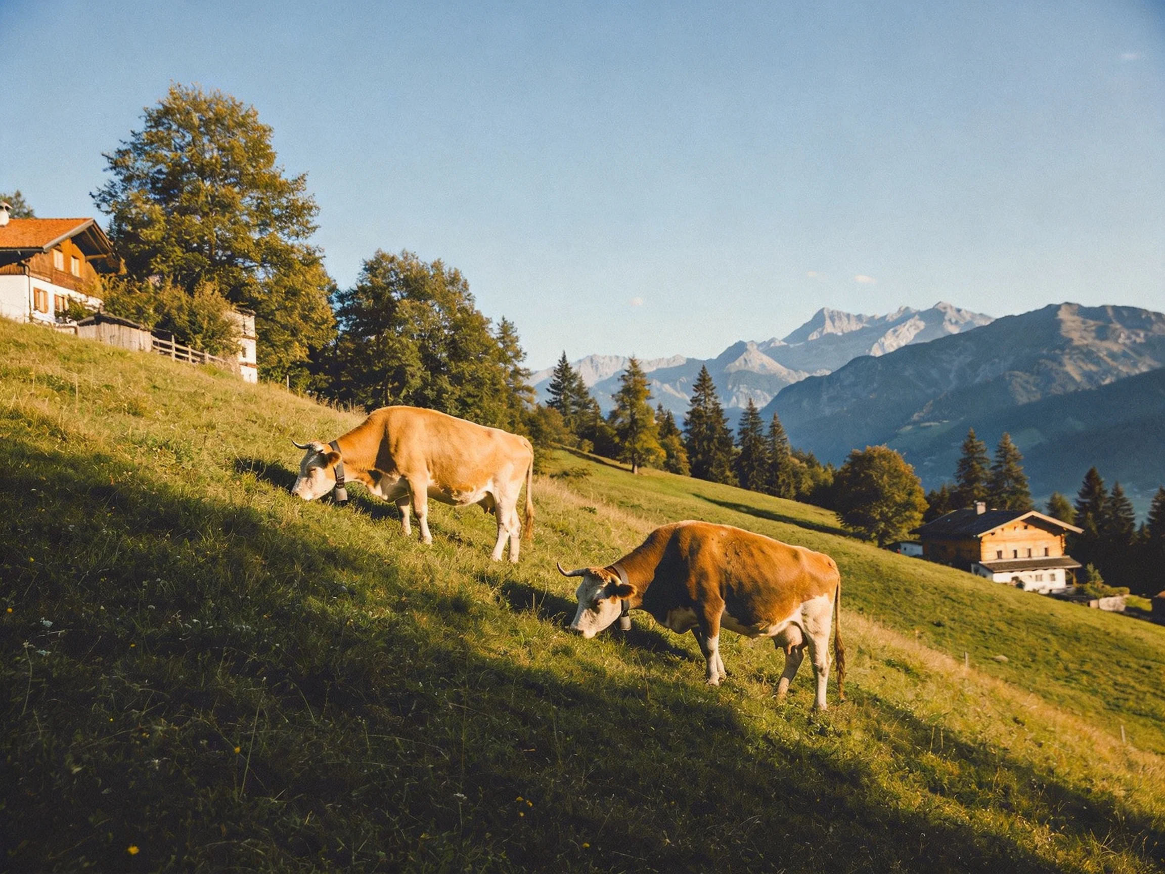 Two cows graze on a grassy hillside with mountains and cabins behind.