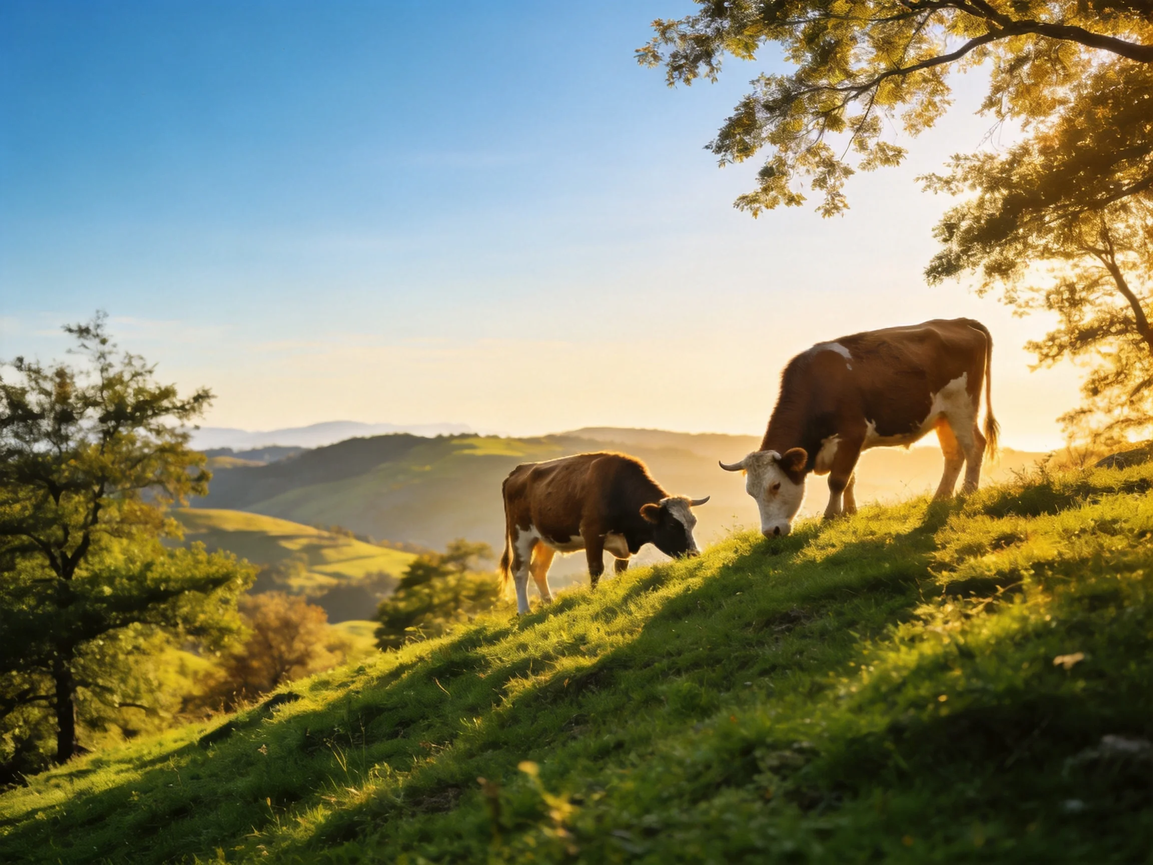Two cows graze on a sunlit green hillside with rolling hills in the distance.