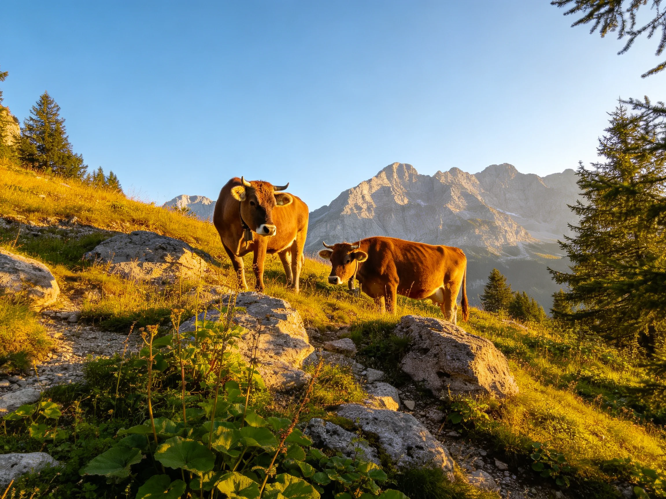 Two brown cows graze on a rocky, golden hillside near towering mountains