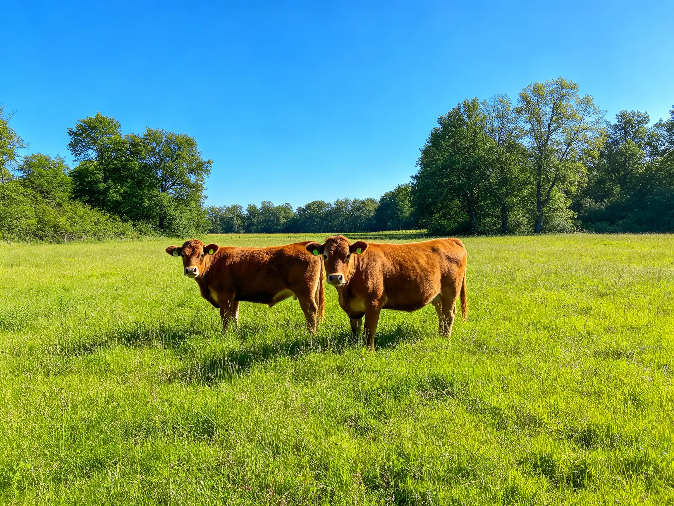 Two brown cows in a lush green pasture under clear blue skies