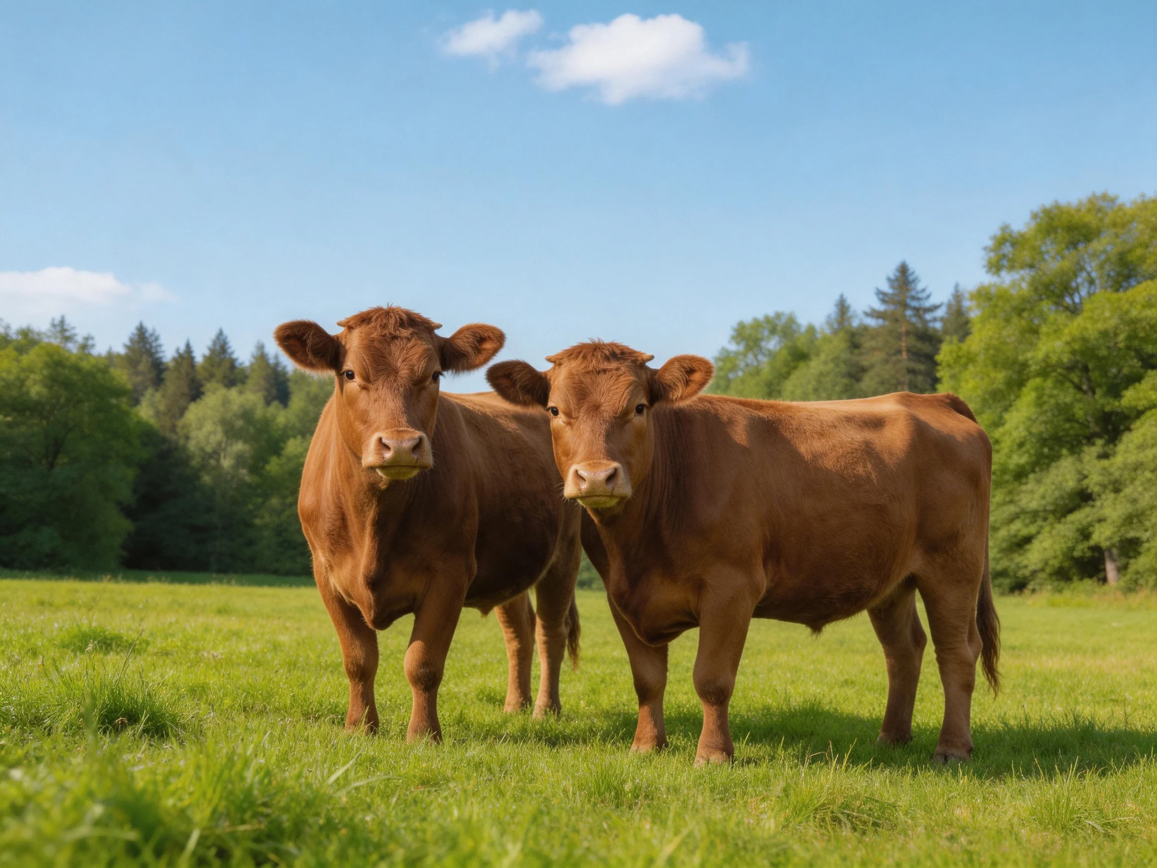 Two brown cows in a lush green pasture under clear blue sky