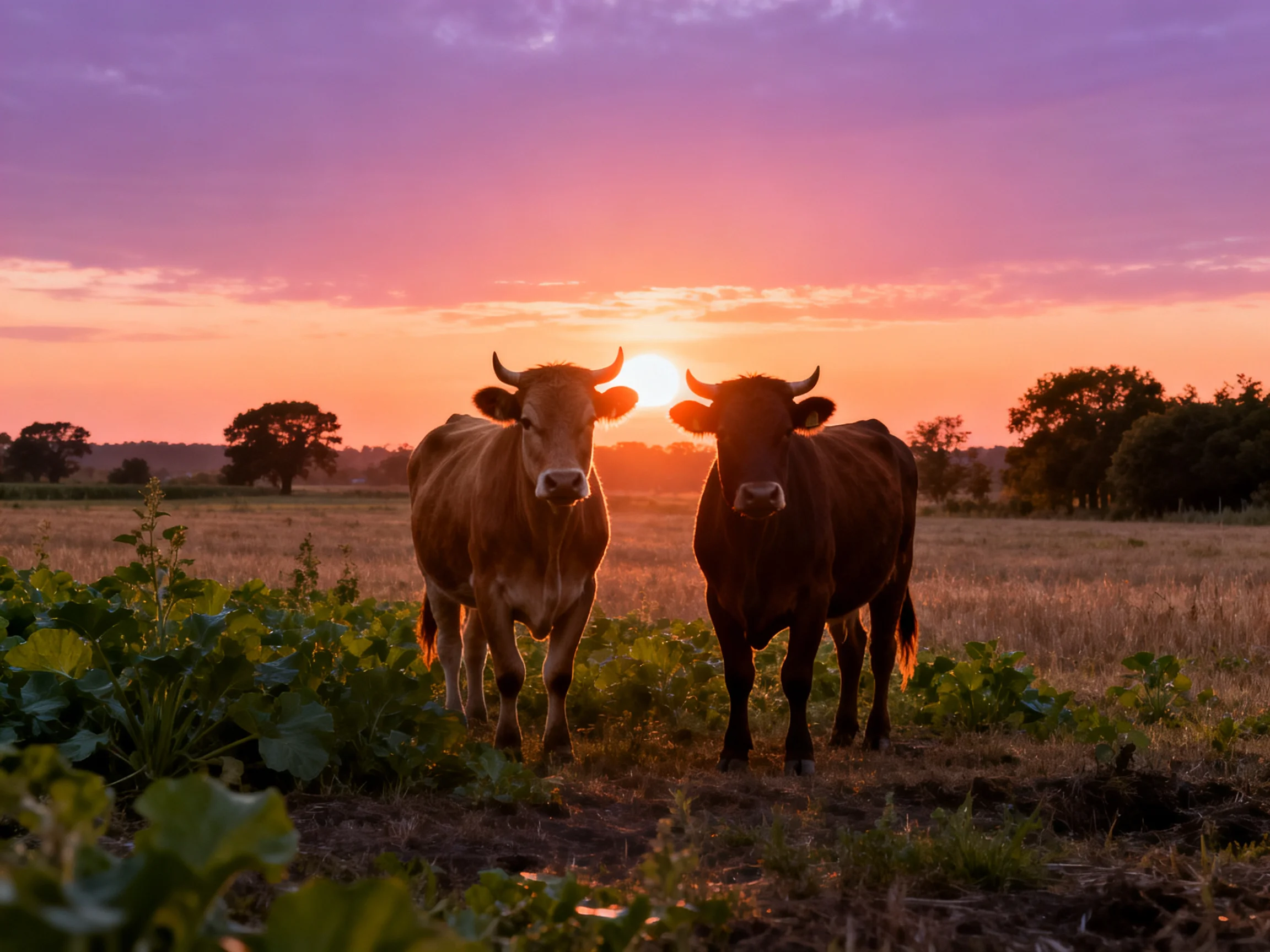 Two cows stand together in a field as the sun sets behind them.