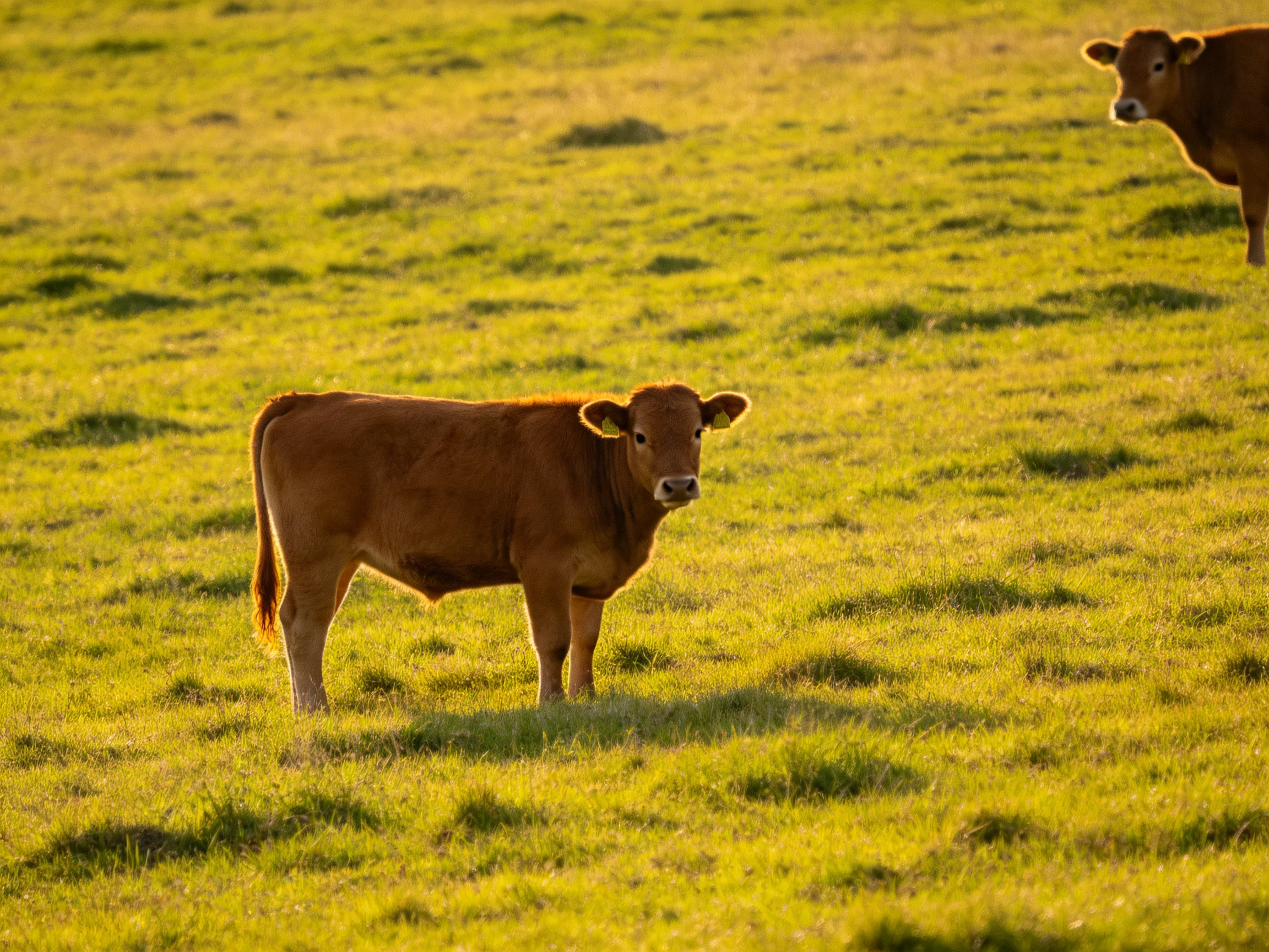 Two brown cows stand in a sunlit green pasture.