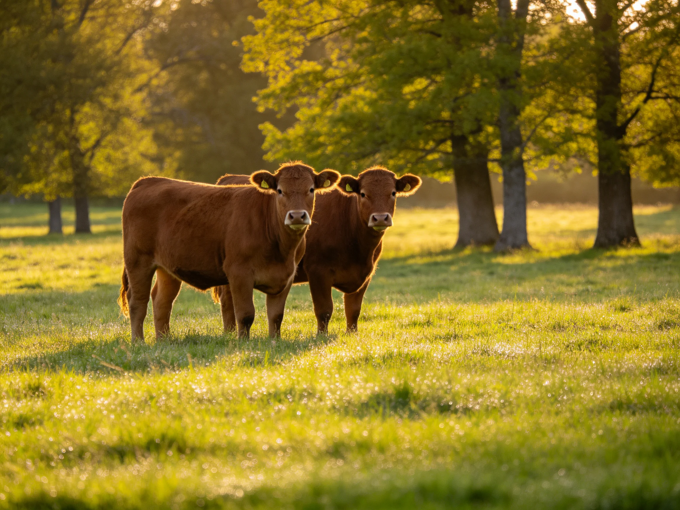 Two brown cows stand in a sunlit green pasture near tall trees.