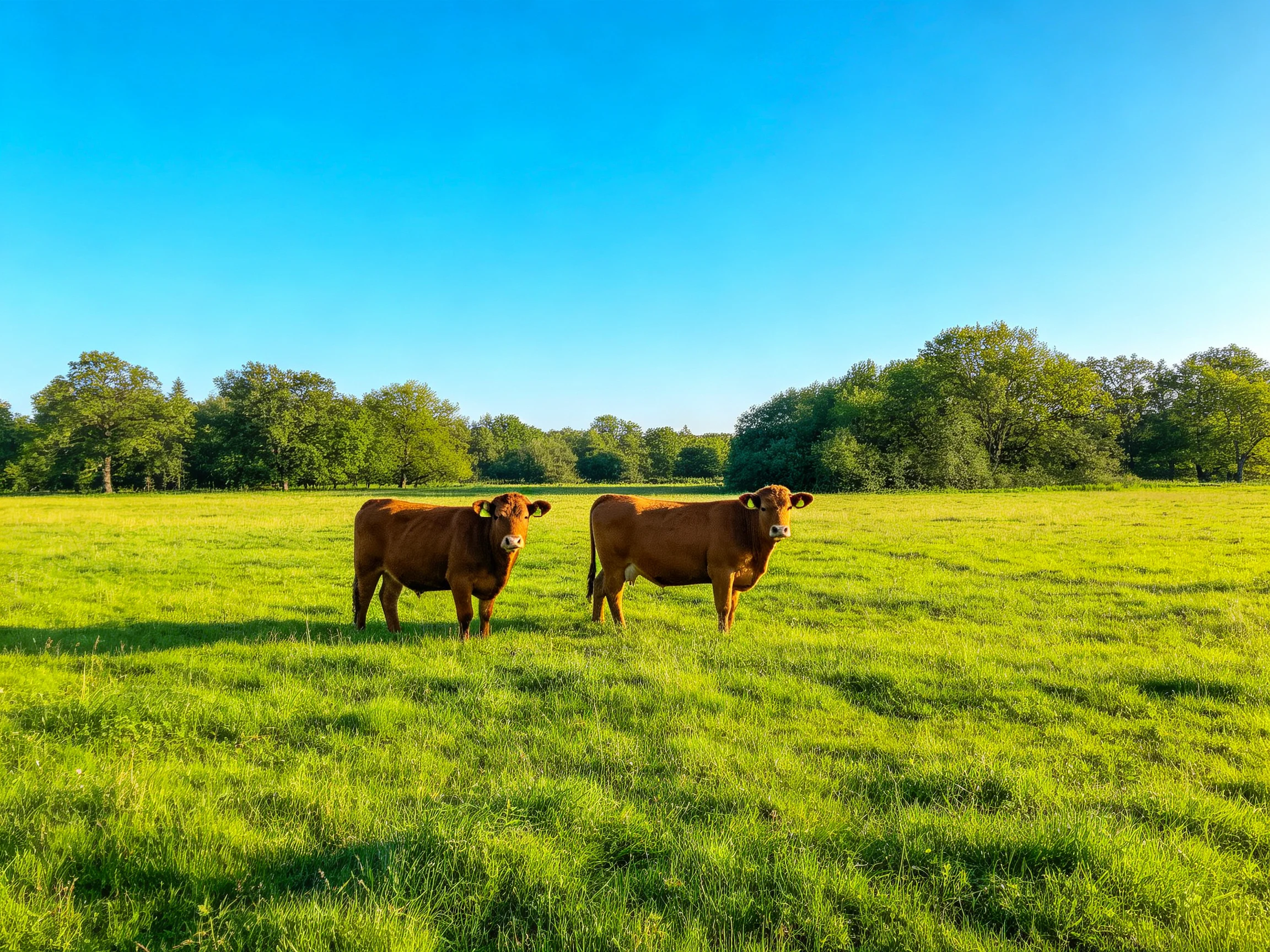 Two brown cows stand in a sunlit grassy field with trees in the background.