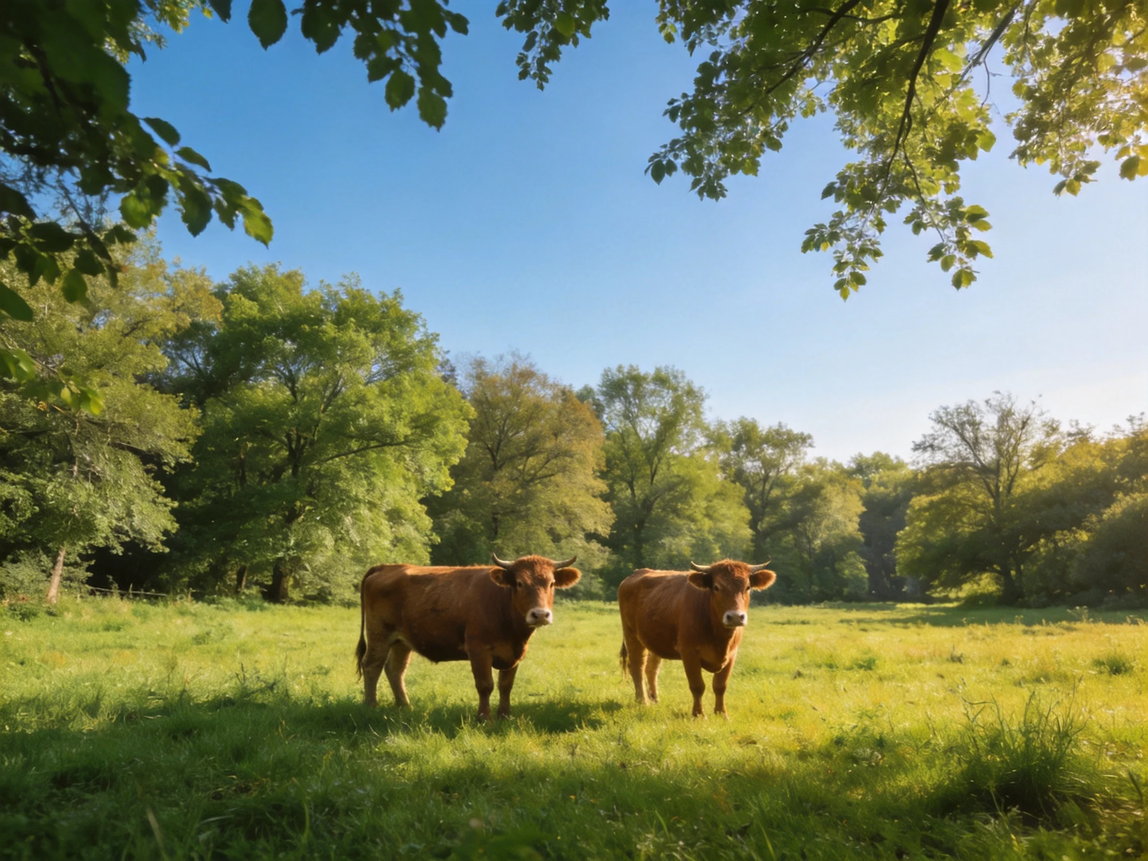 Two brown cows stand in a sunlit meadow with tall trees.