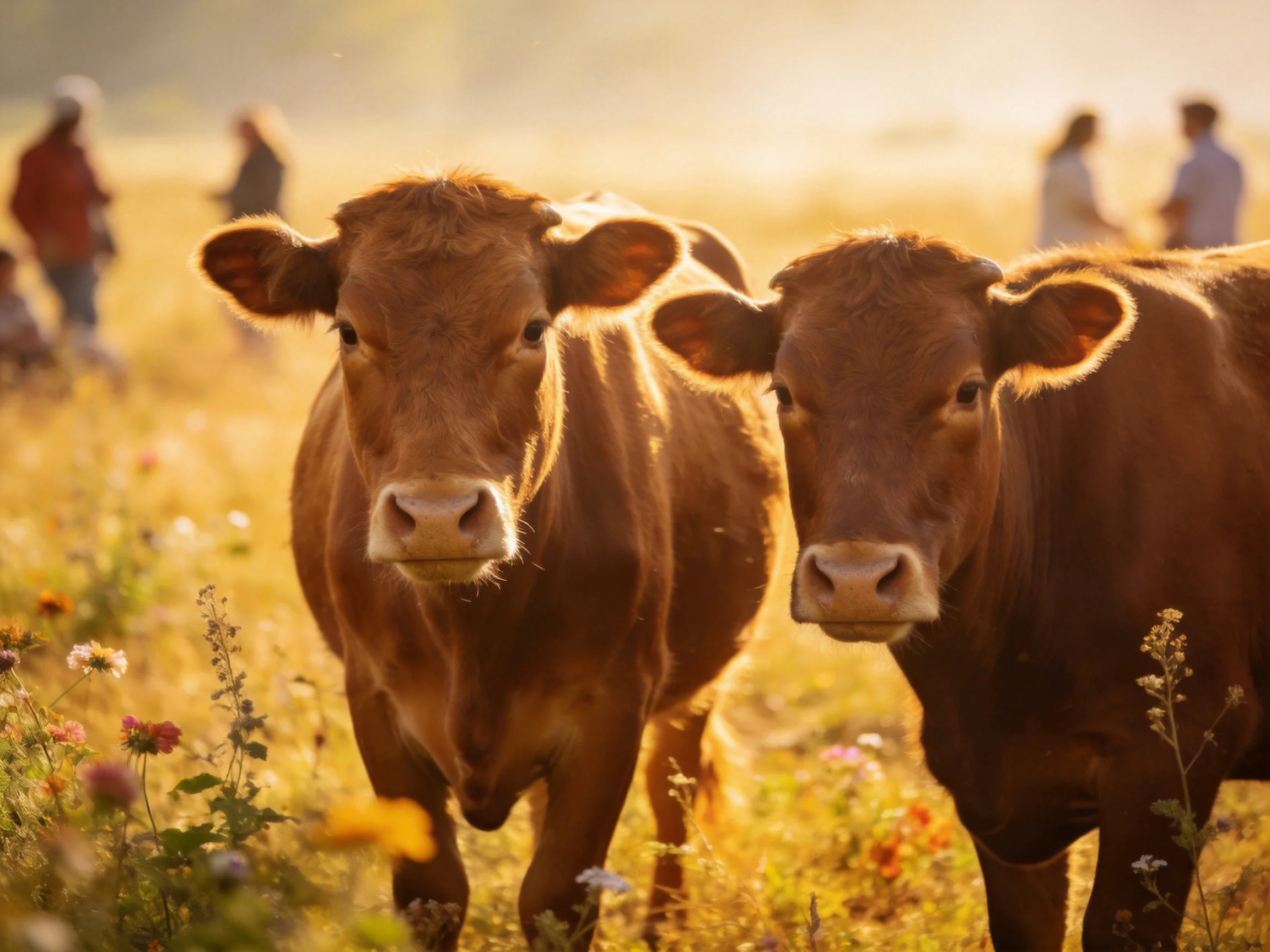 Two brown cows in a sunlit wildflower meadow with distant figures