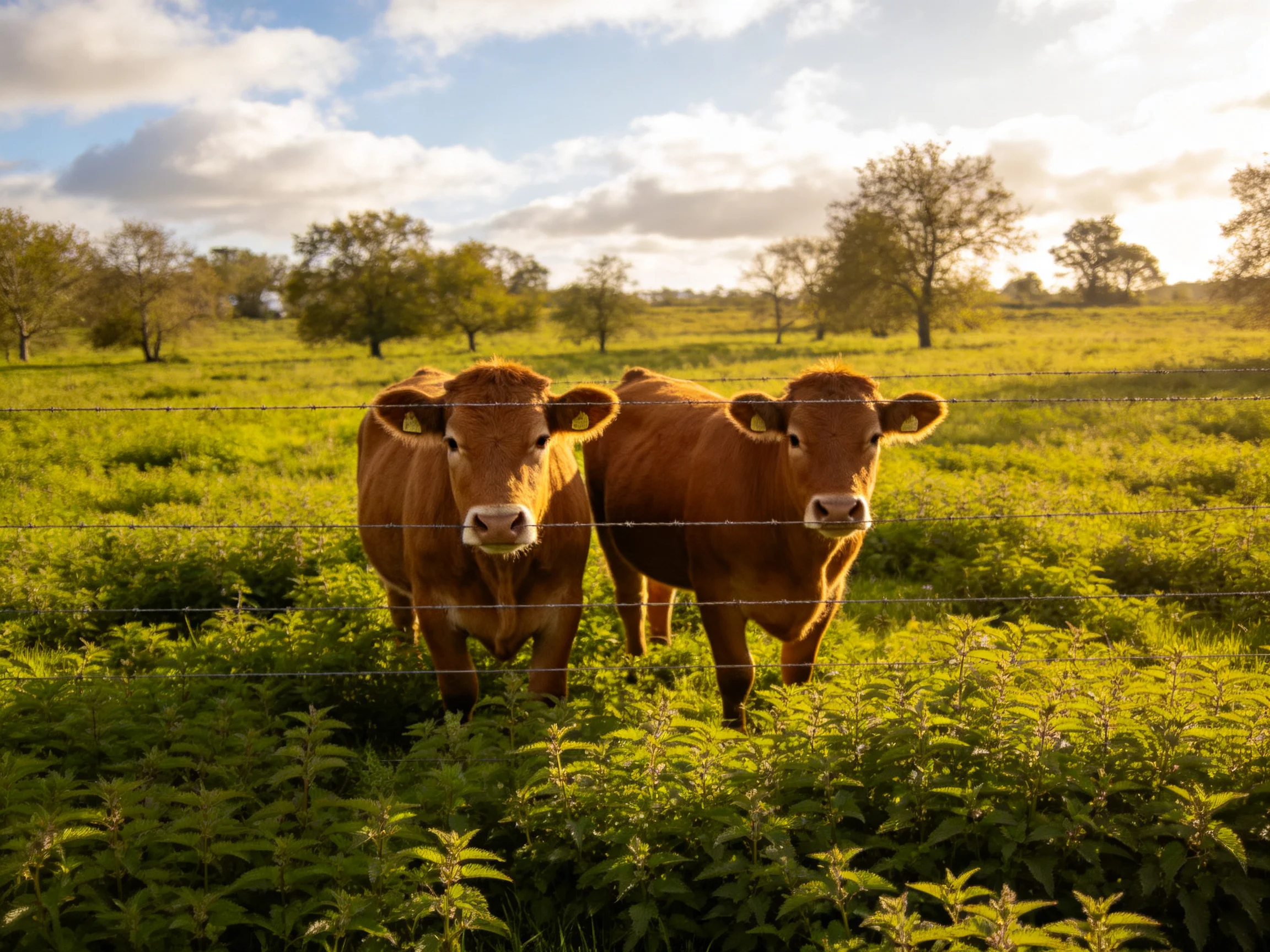 Two brown cows near a barbed-wire fence in a sunlit green pasture