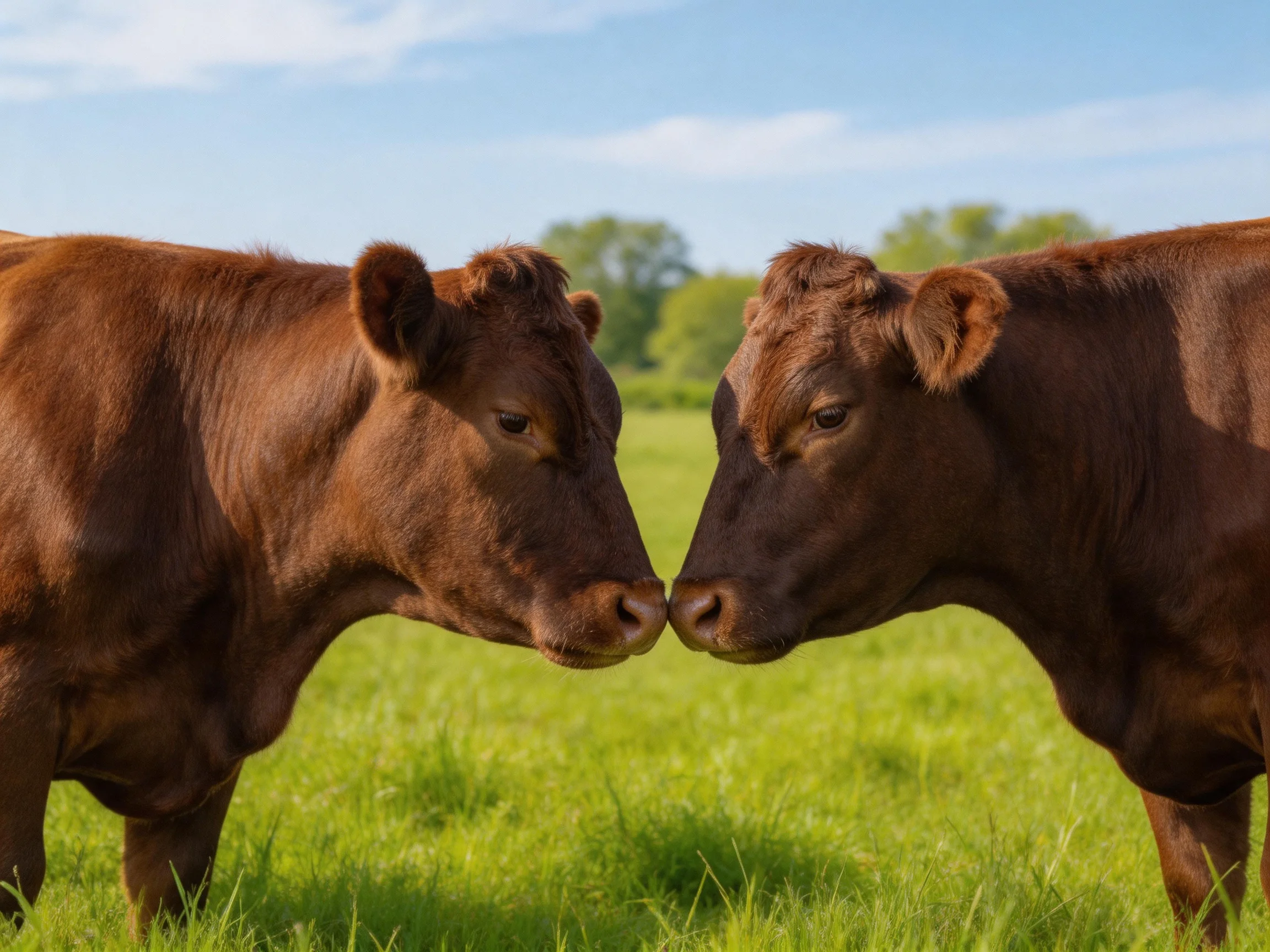 Two brown cows nuzzling in a sunlit green pasture
