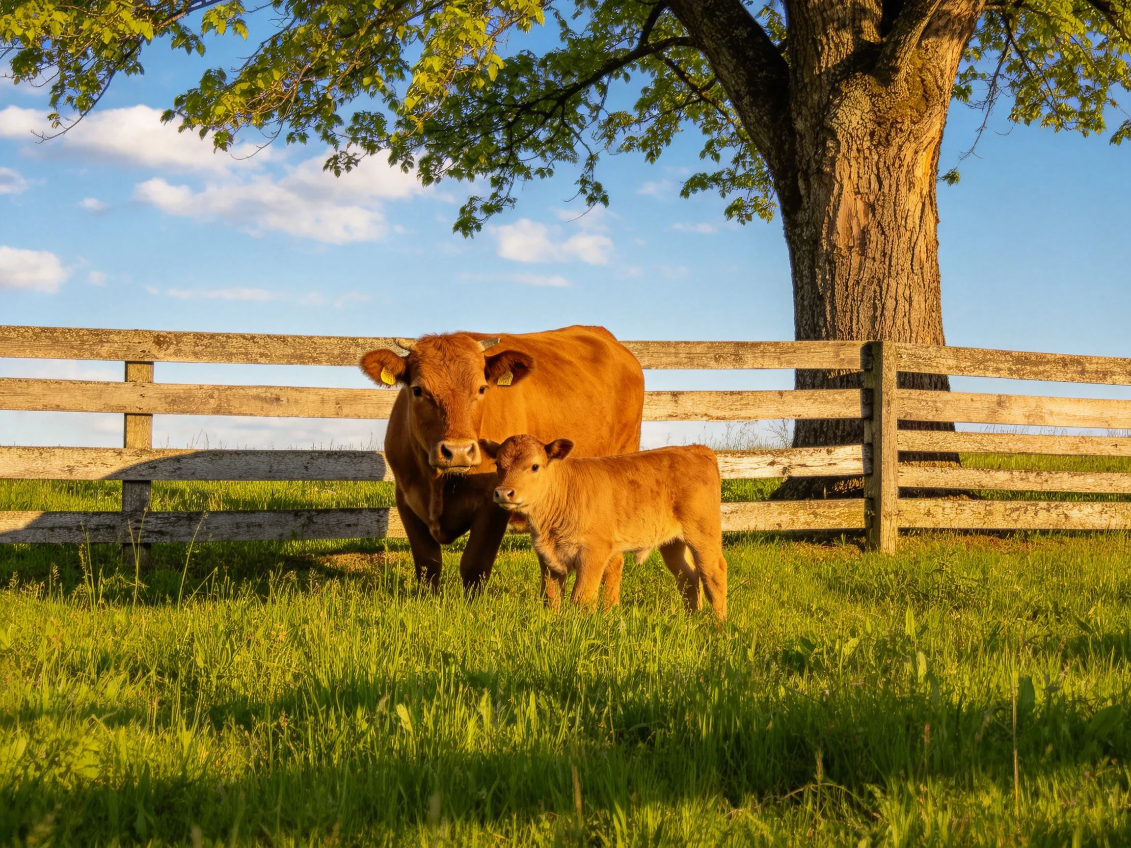 Two brown cows, one adult and one calf, near a wooden fence under a large tree