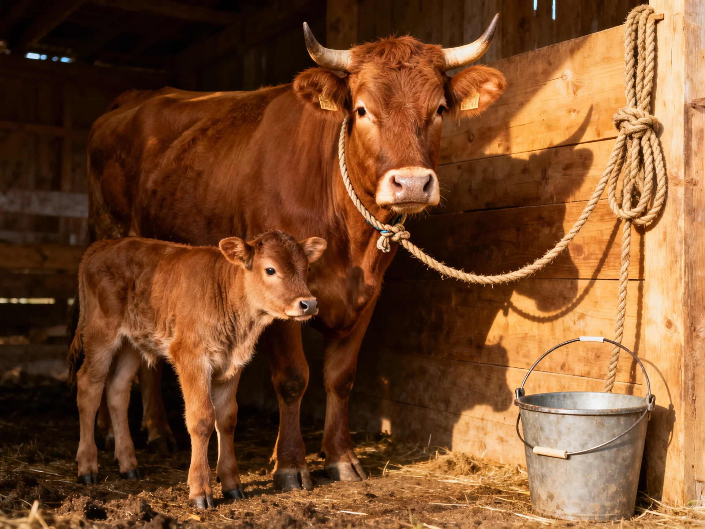 Two brown cows, one large and one small, in a wooden barn with a metal bucket