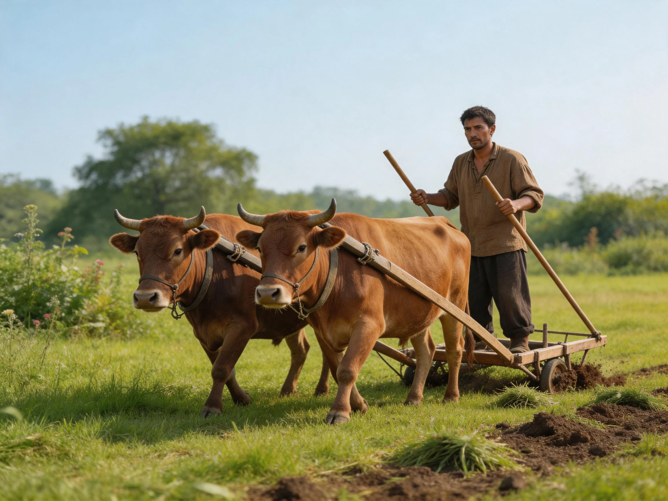 Two brown cows pull a wooden plow with a farmer in a green field