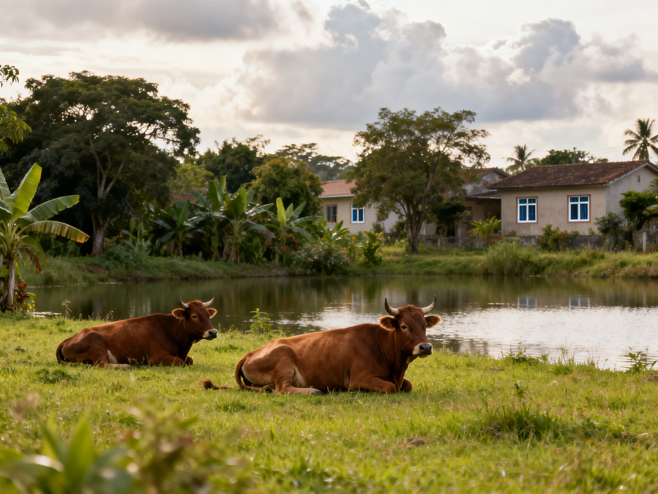 Two brown cows rest by a calm pond near rural homes