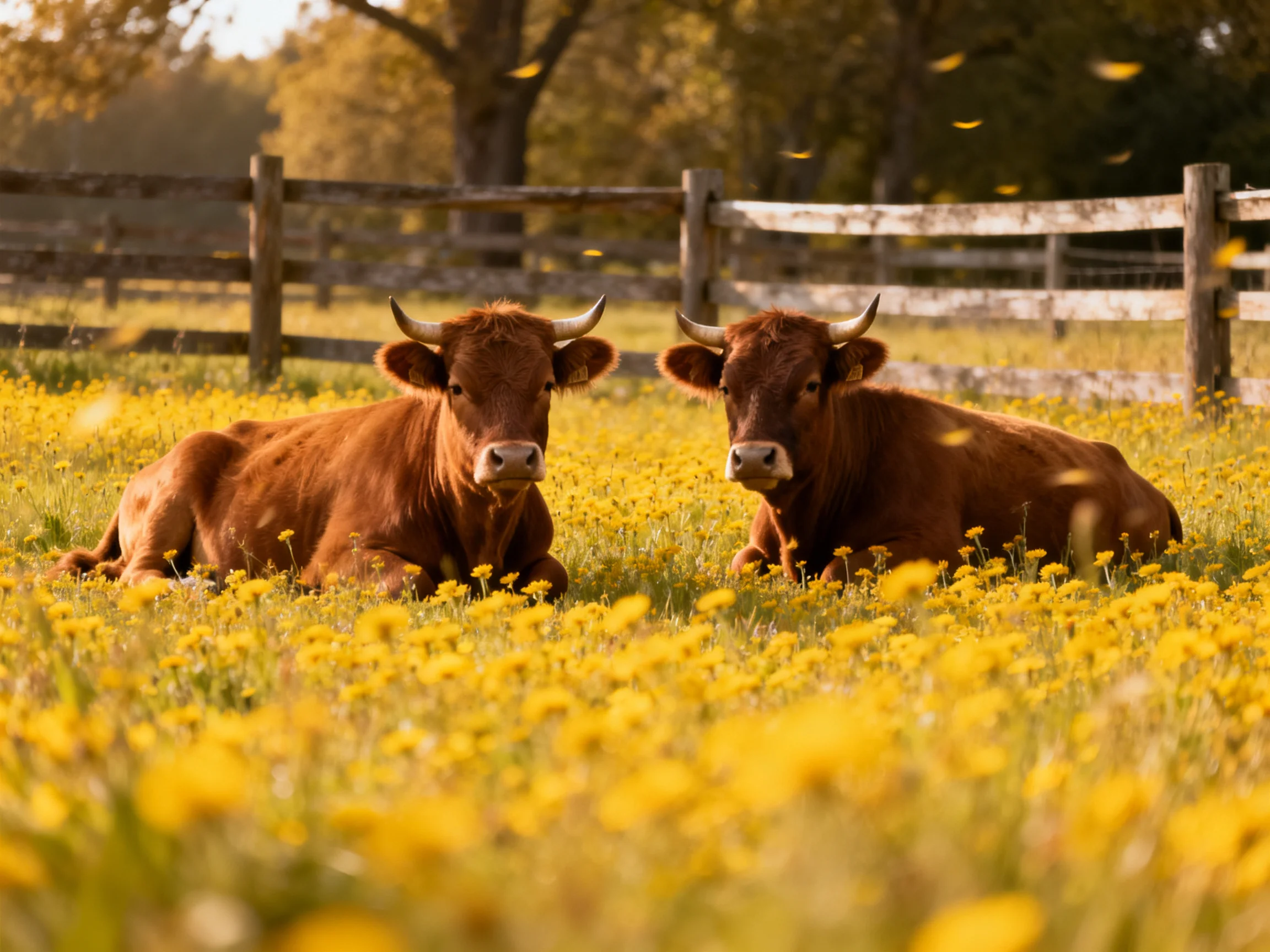 Two brown cows rest in a field of yellow wildflowers near a wooden fence
