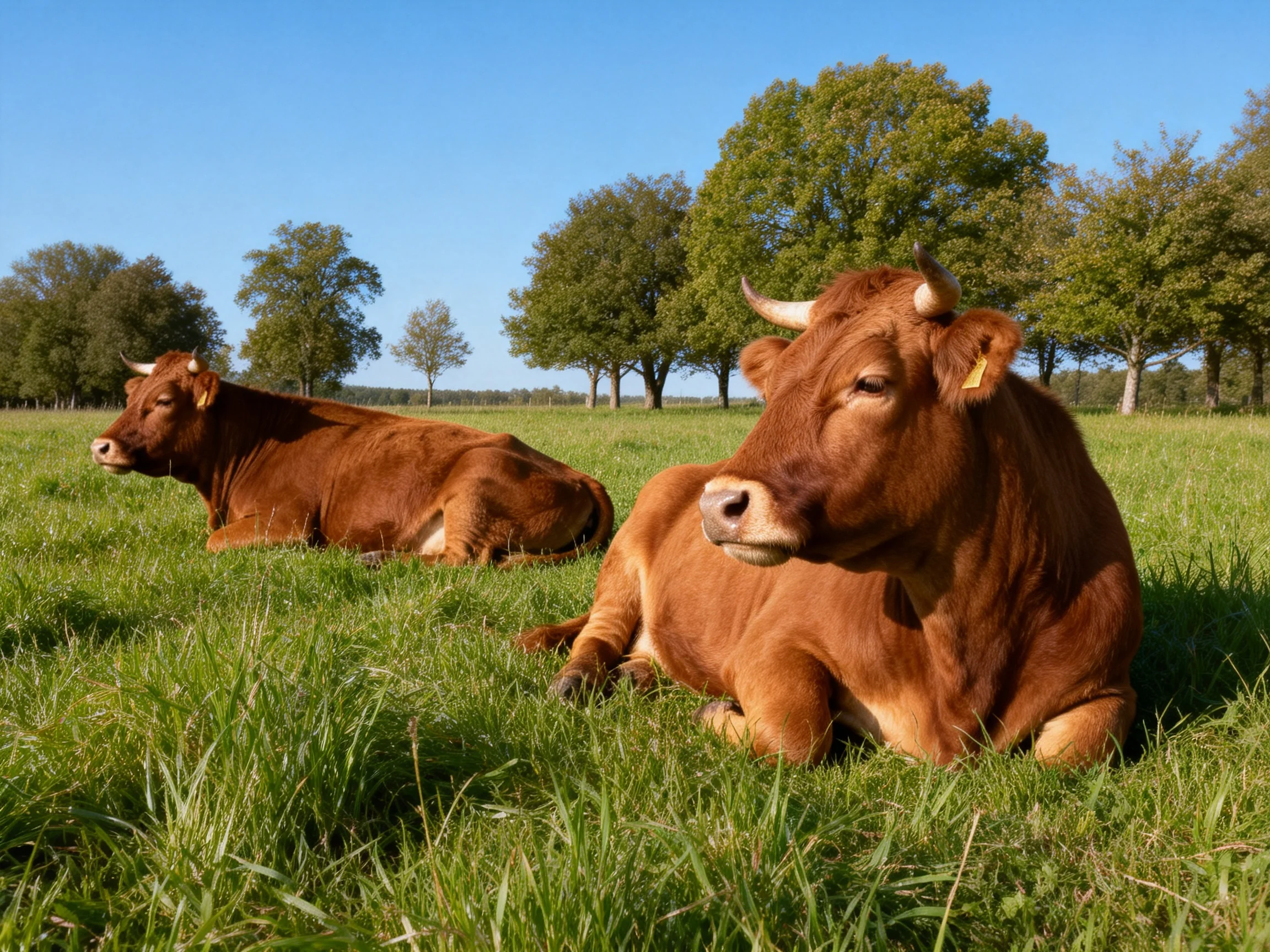 Two brown cows rest in a lush green pasture near tall trees