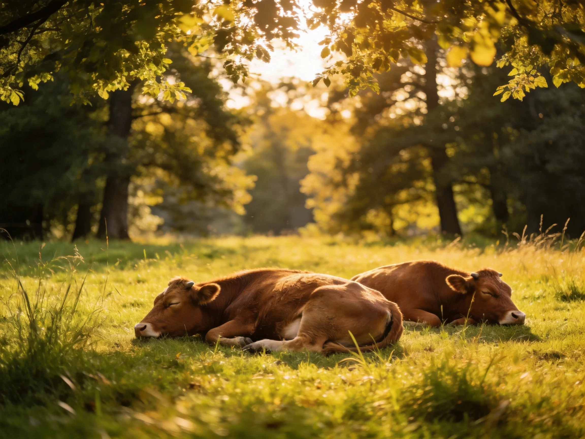 Two brown cows rest in a sun-dappled forest meadow