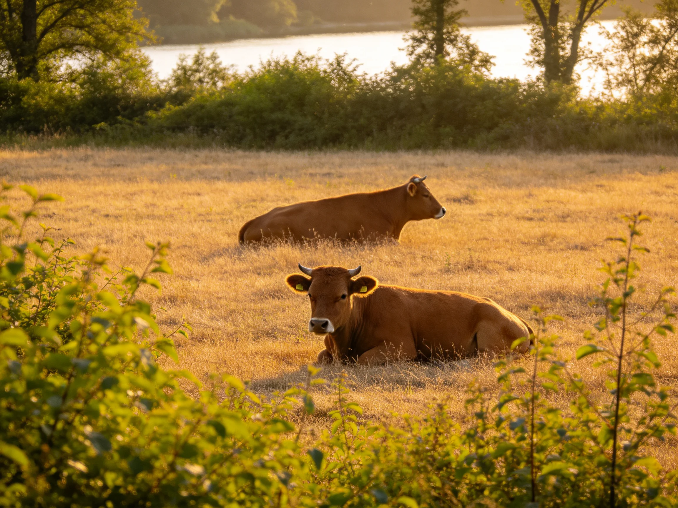 Two brown cows rest in a sunlit golden meadow with greenery and water