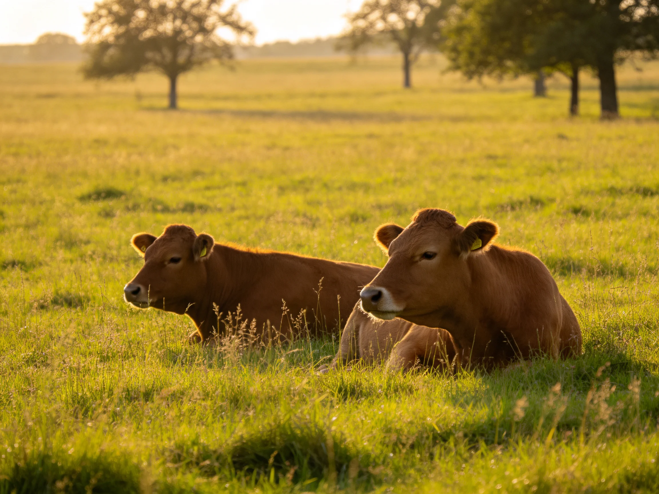 Two brown cows rest in a sunlit green pasture