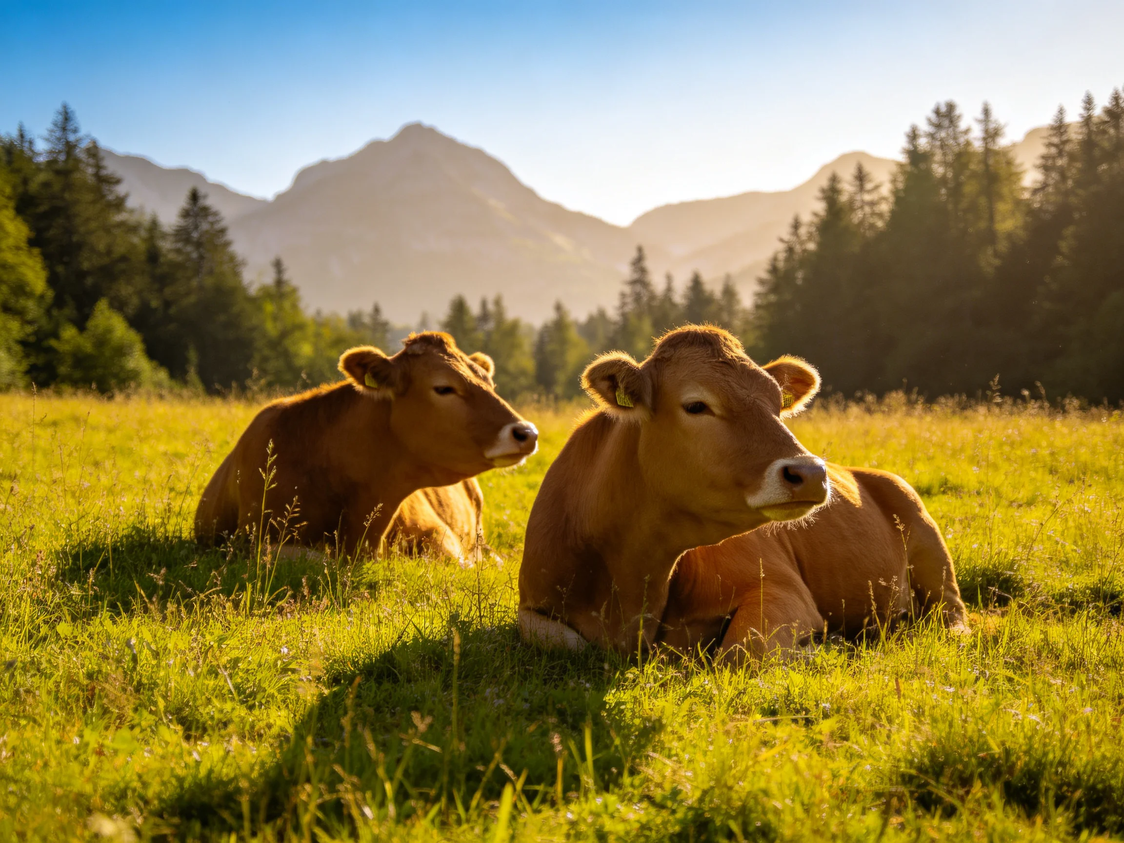 Two brown cows rest in a sunlit meadow near forested mountains