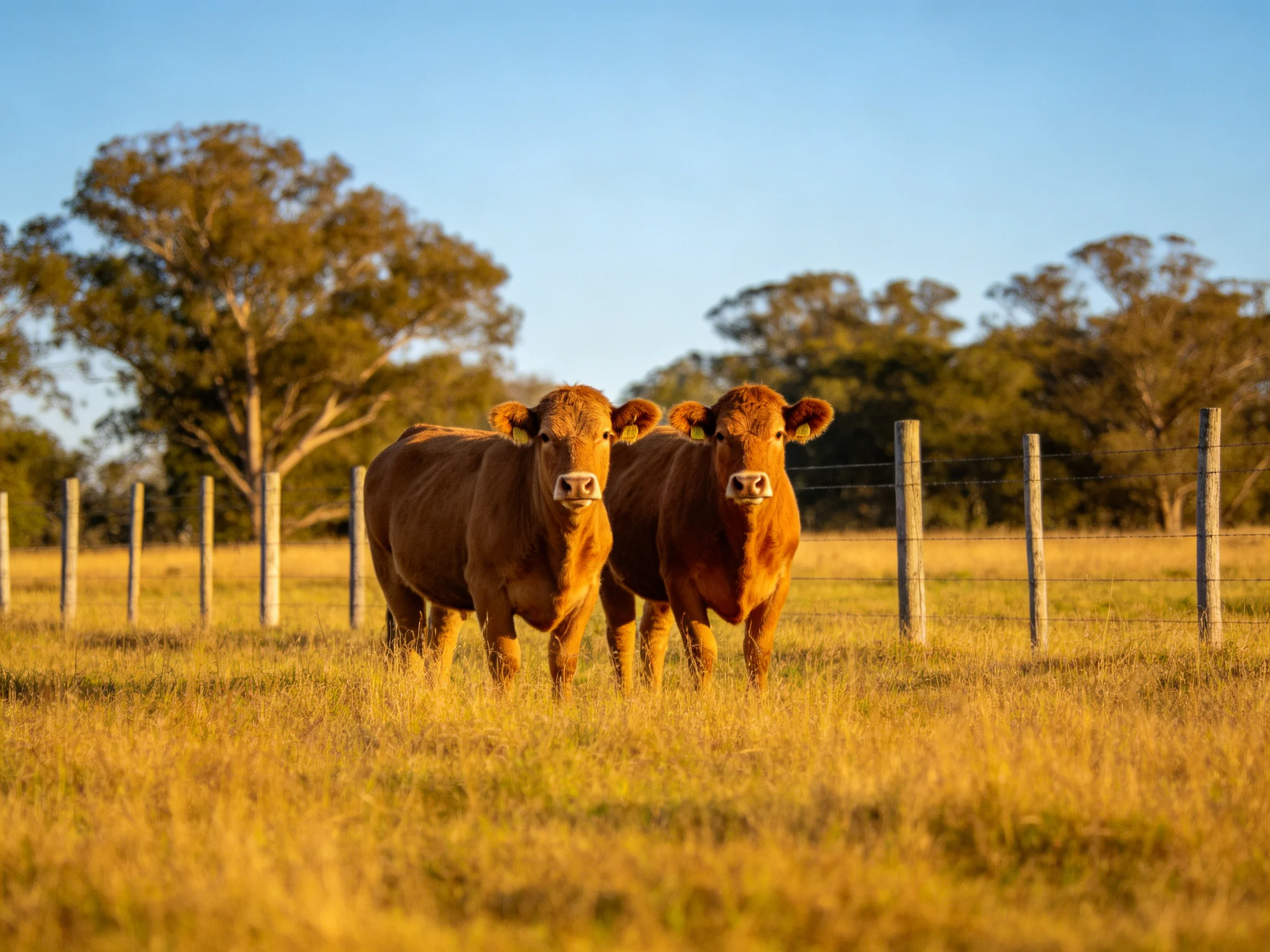 Two brown cows stand in a golden field near wooden fences