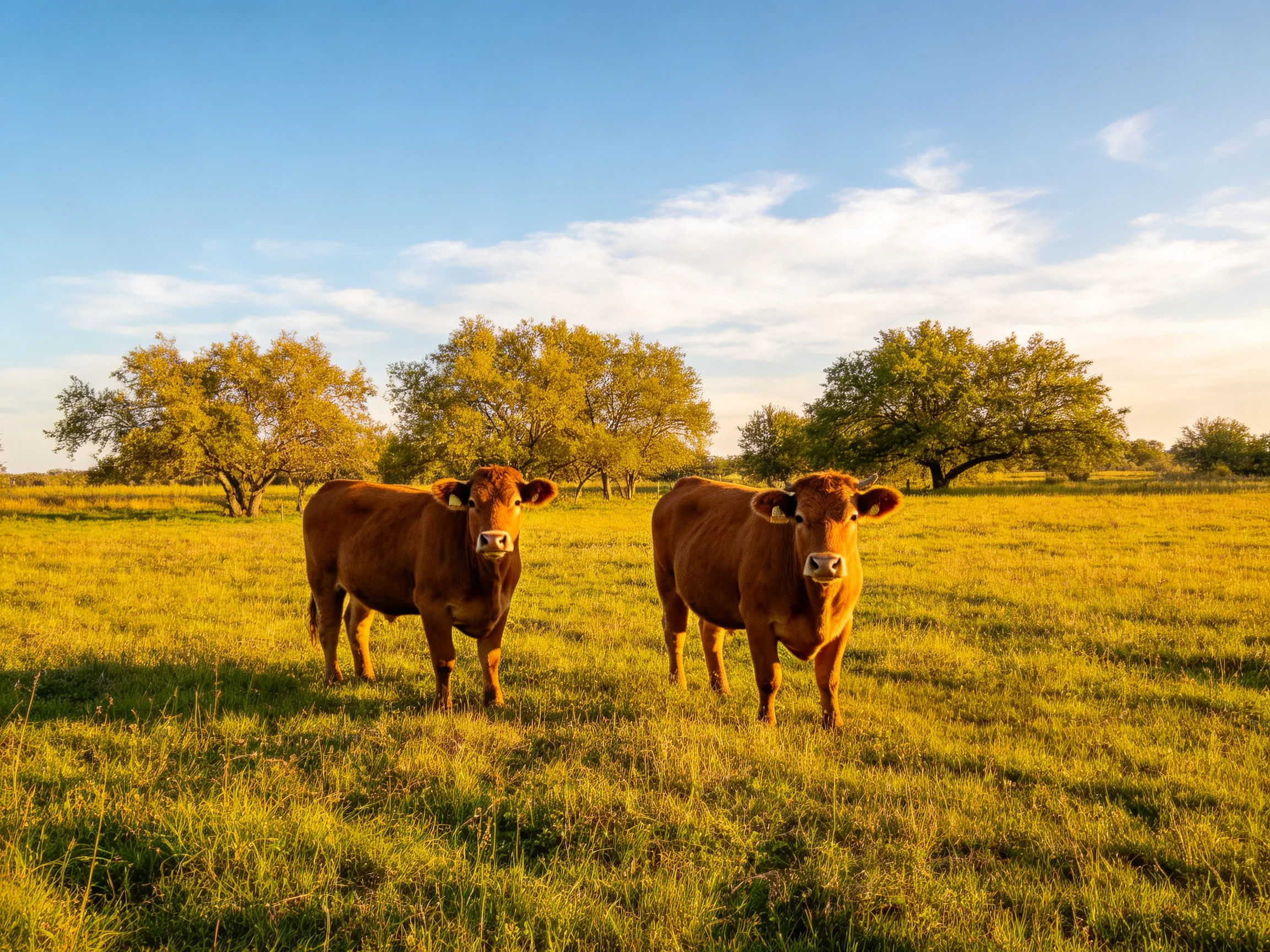Two brown cows stand in a sunlit meadow near leafy trees