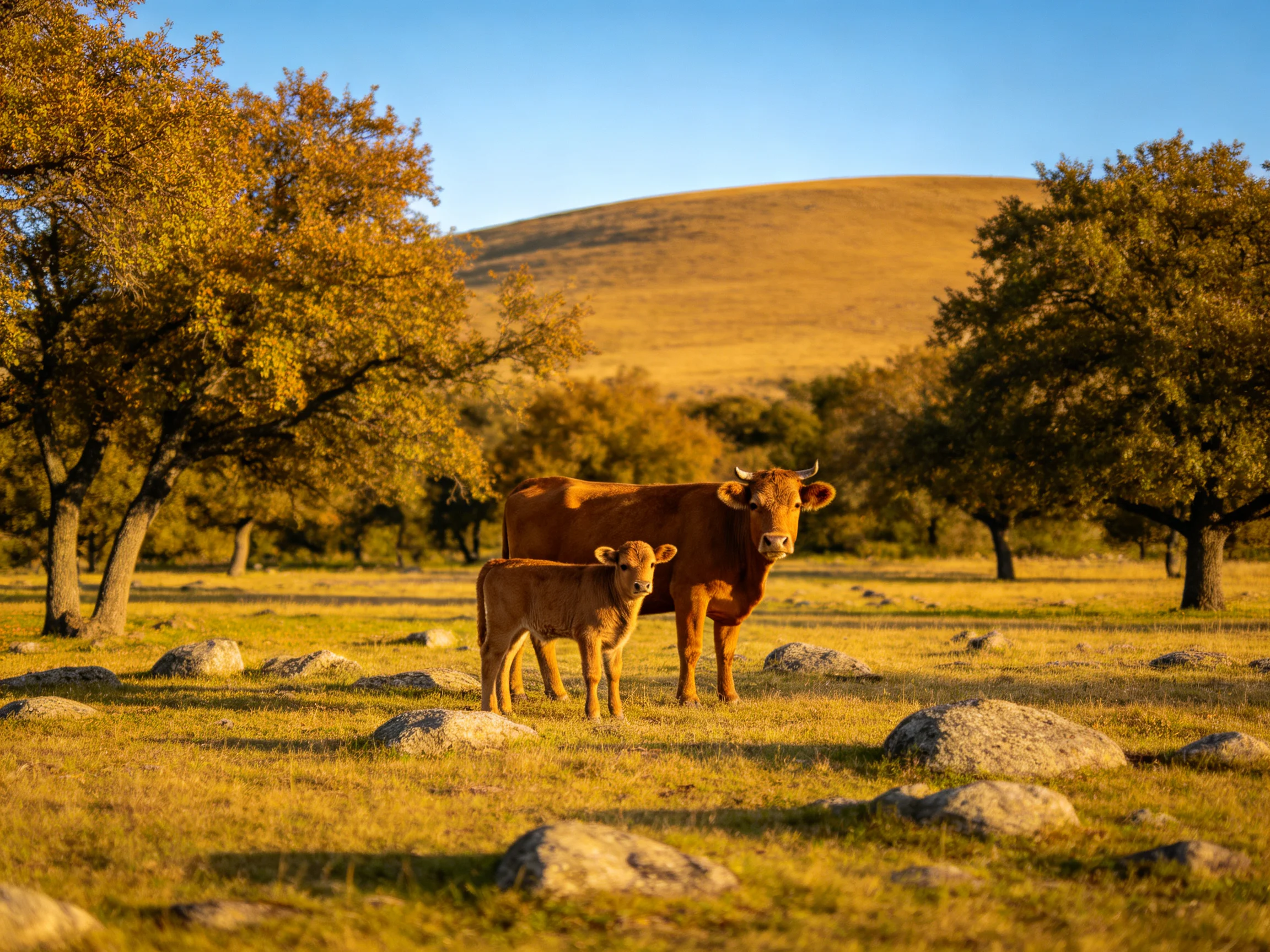 A mother cow and her calf stand together in a sunlit, rocky meadow surrounded by trees.