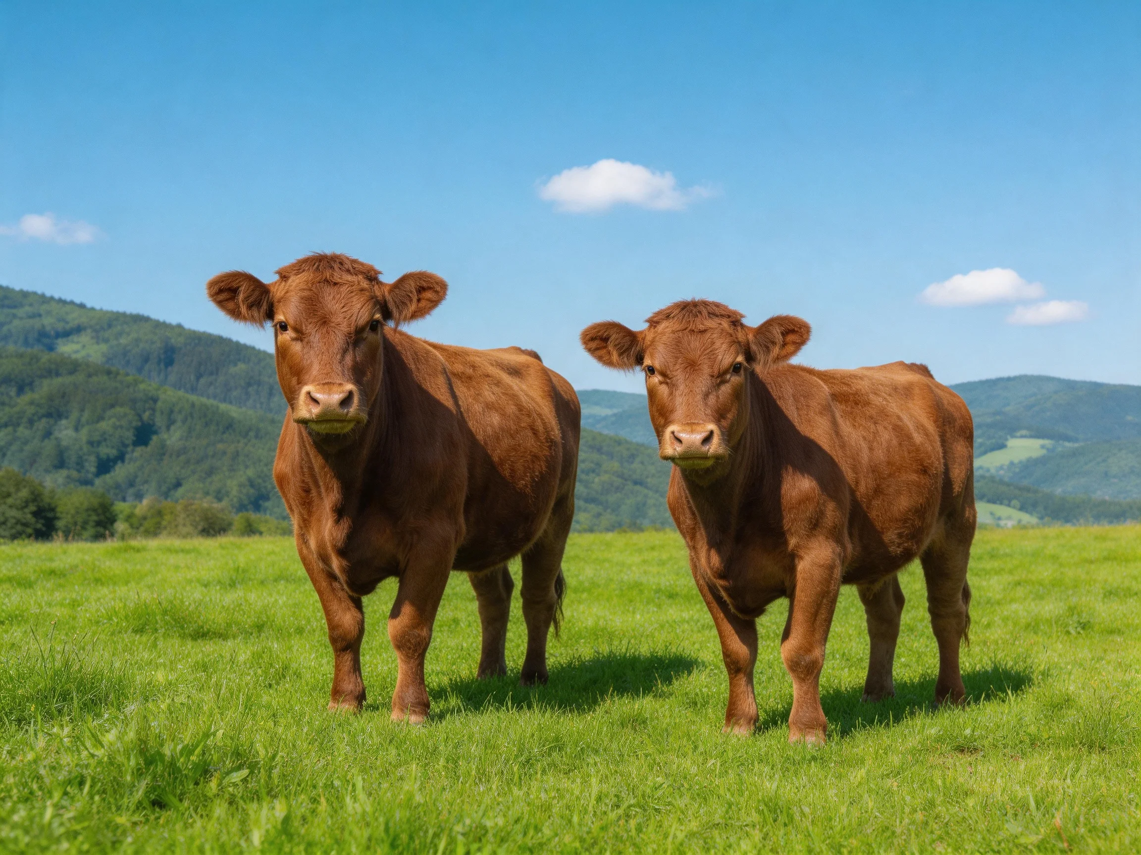 Two brown cows stand in a sunlit meadow near rolling hills.