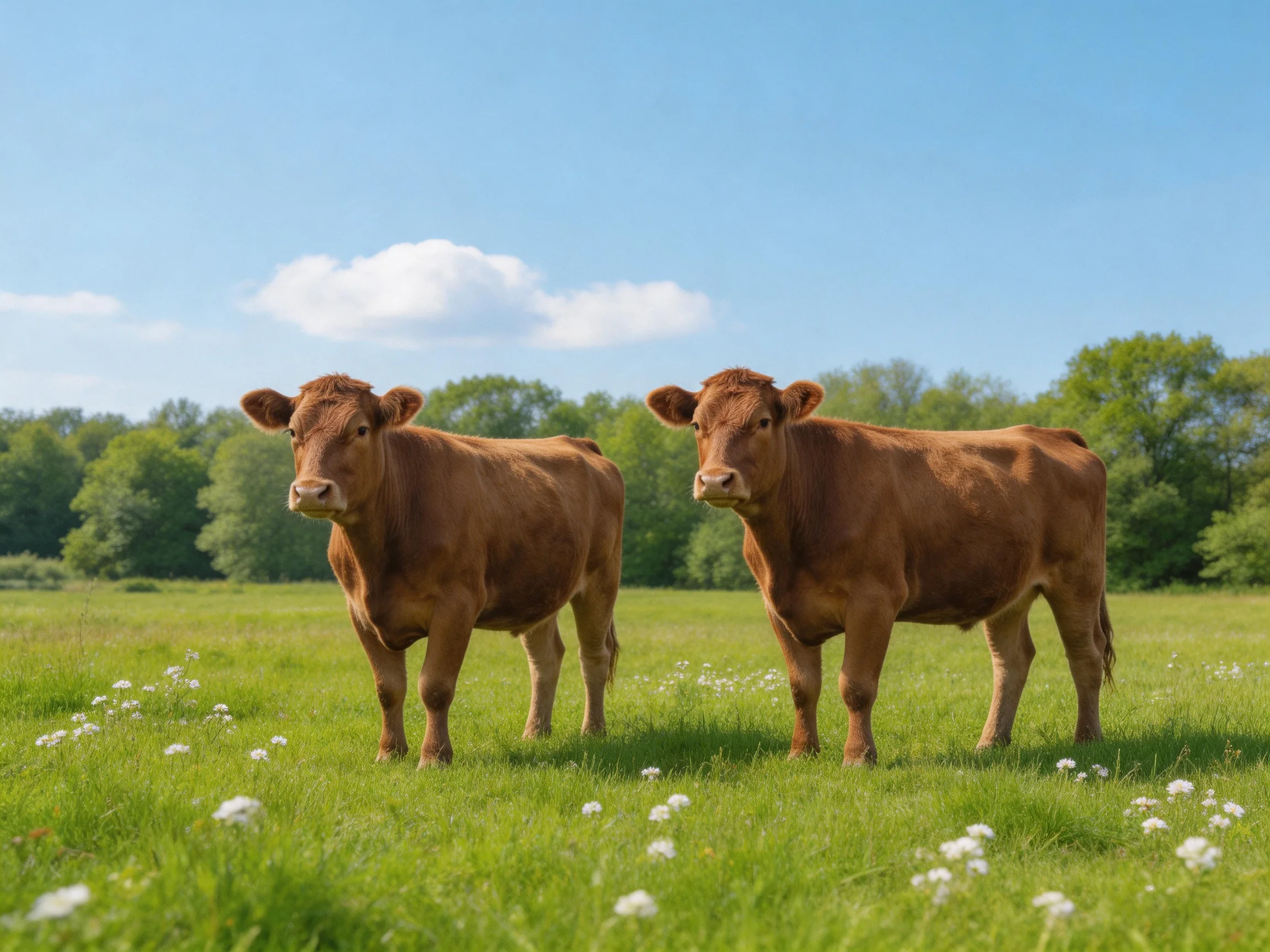 Two brown cows stand in a lush green meadow with scattered white flowers