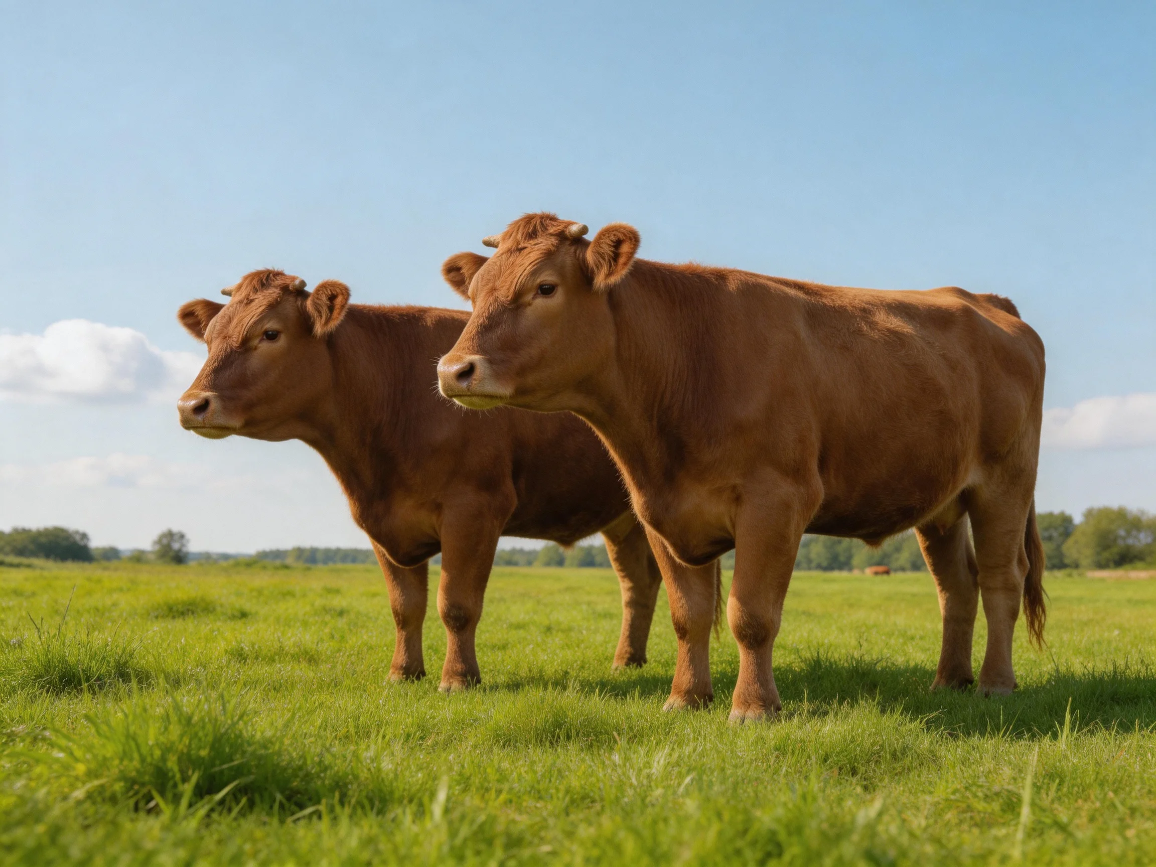 Two brown cows stand together in a sunlit green pasture.