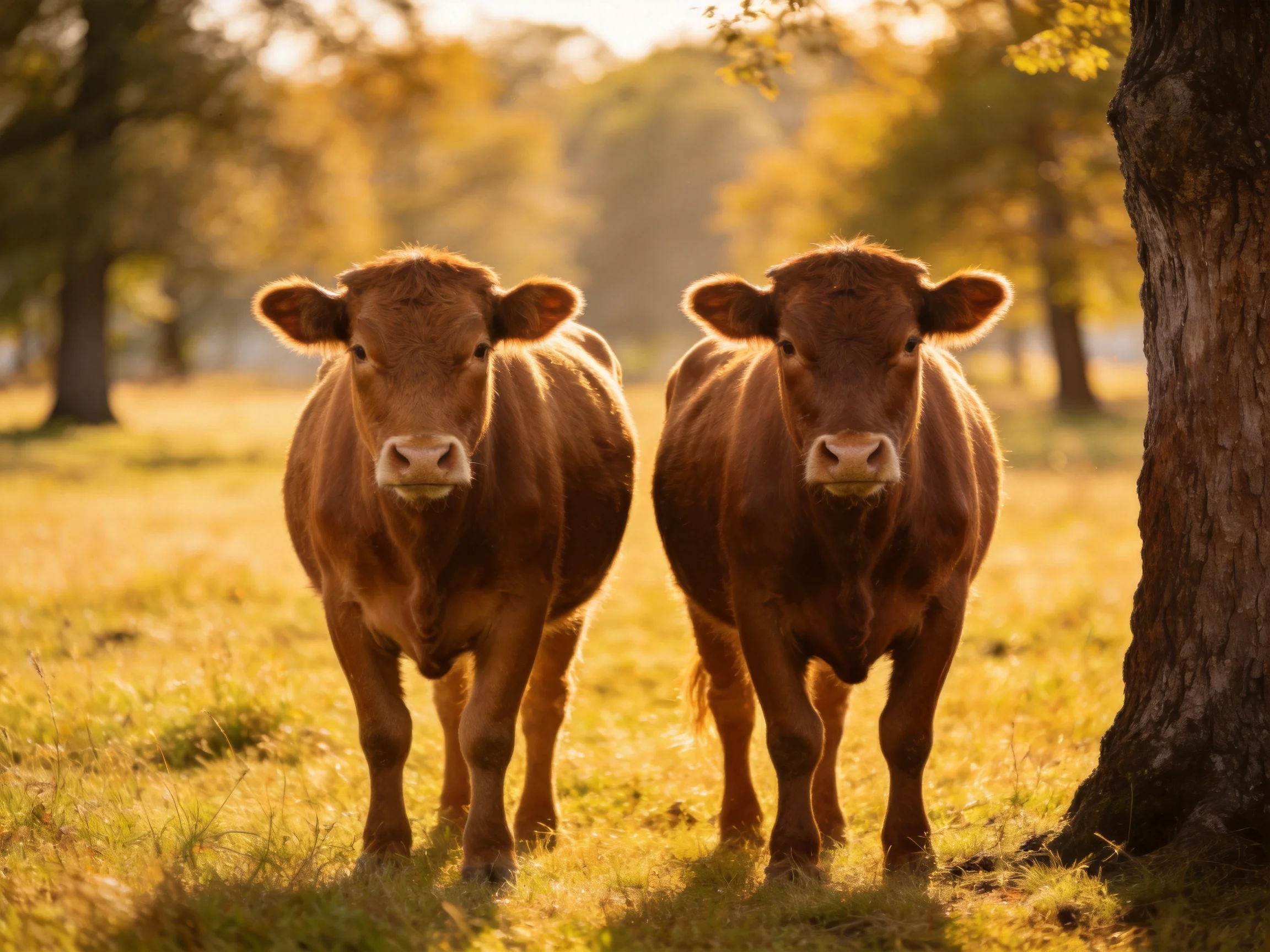 Two brown cows stand in a sun-drenched grassy meadow beside trees
