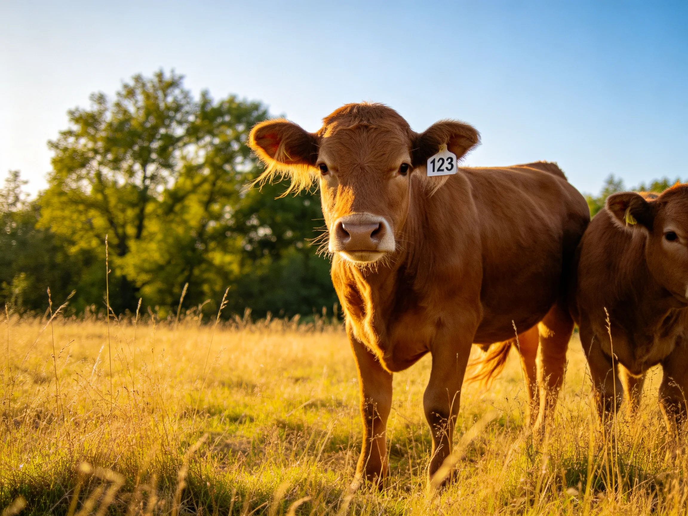 Two brown cows stand in a sunlit golden field with green trees.
