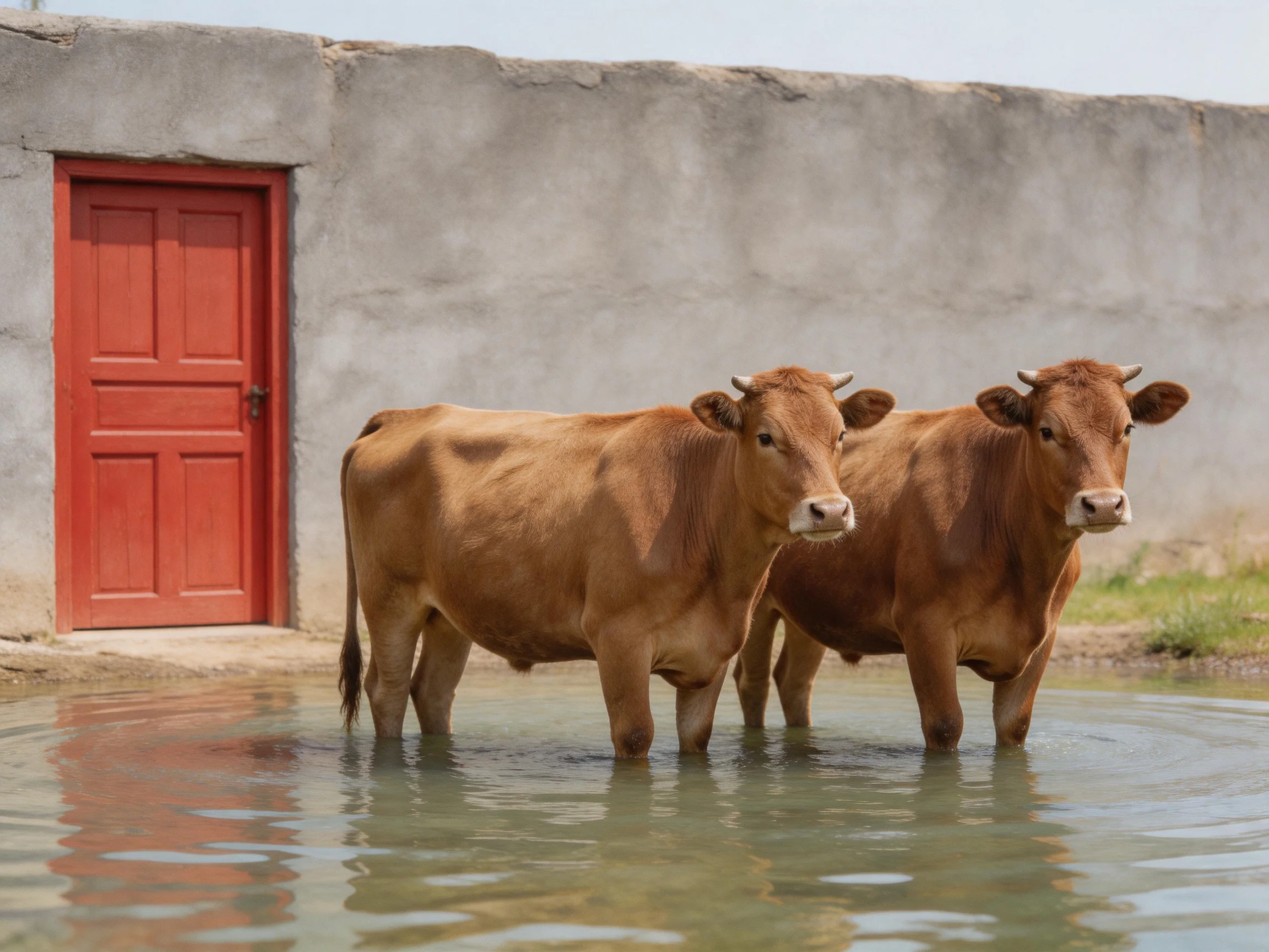 Two brown cows stand in shallow water near a gray wall with a red door