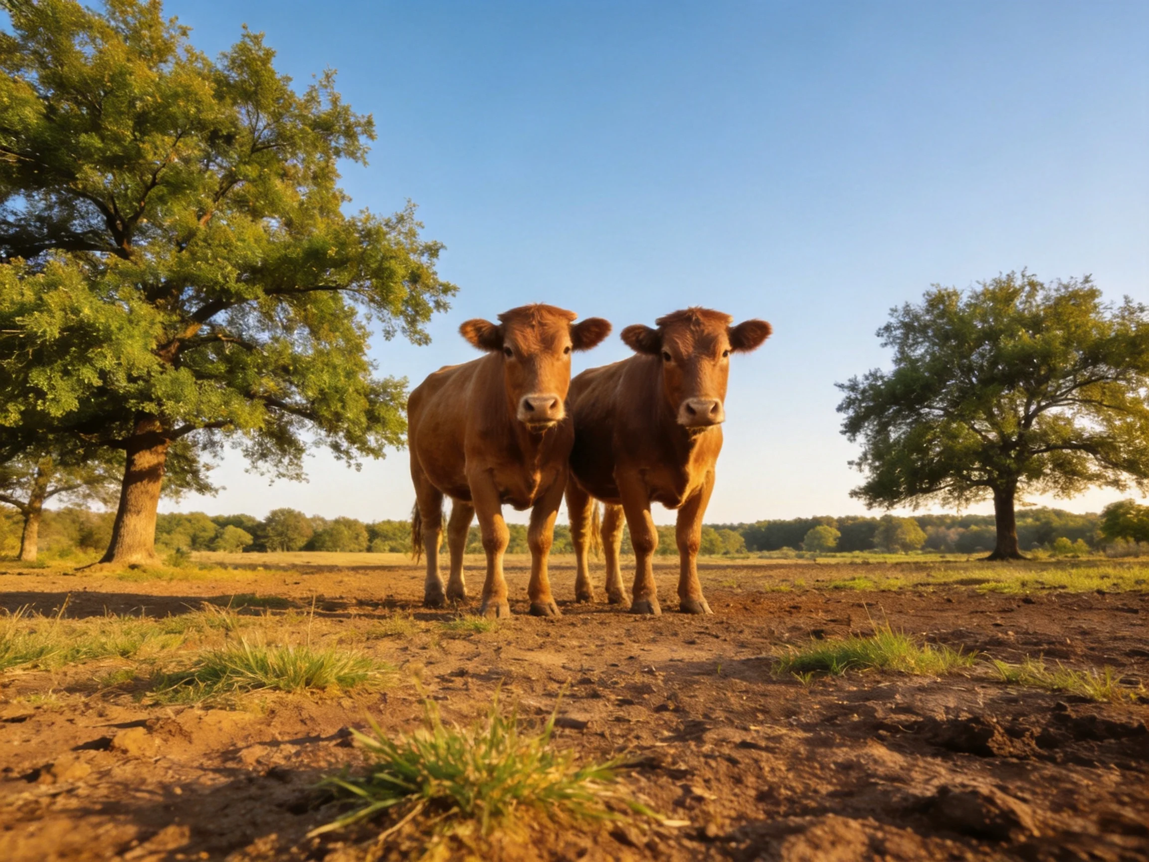 Two brown cows stand in a sunlit field with large green trees.