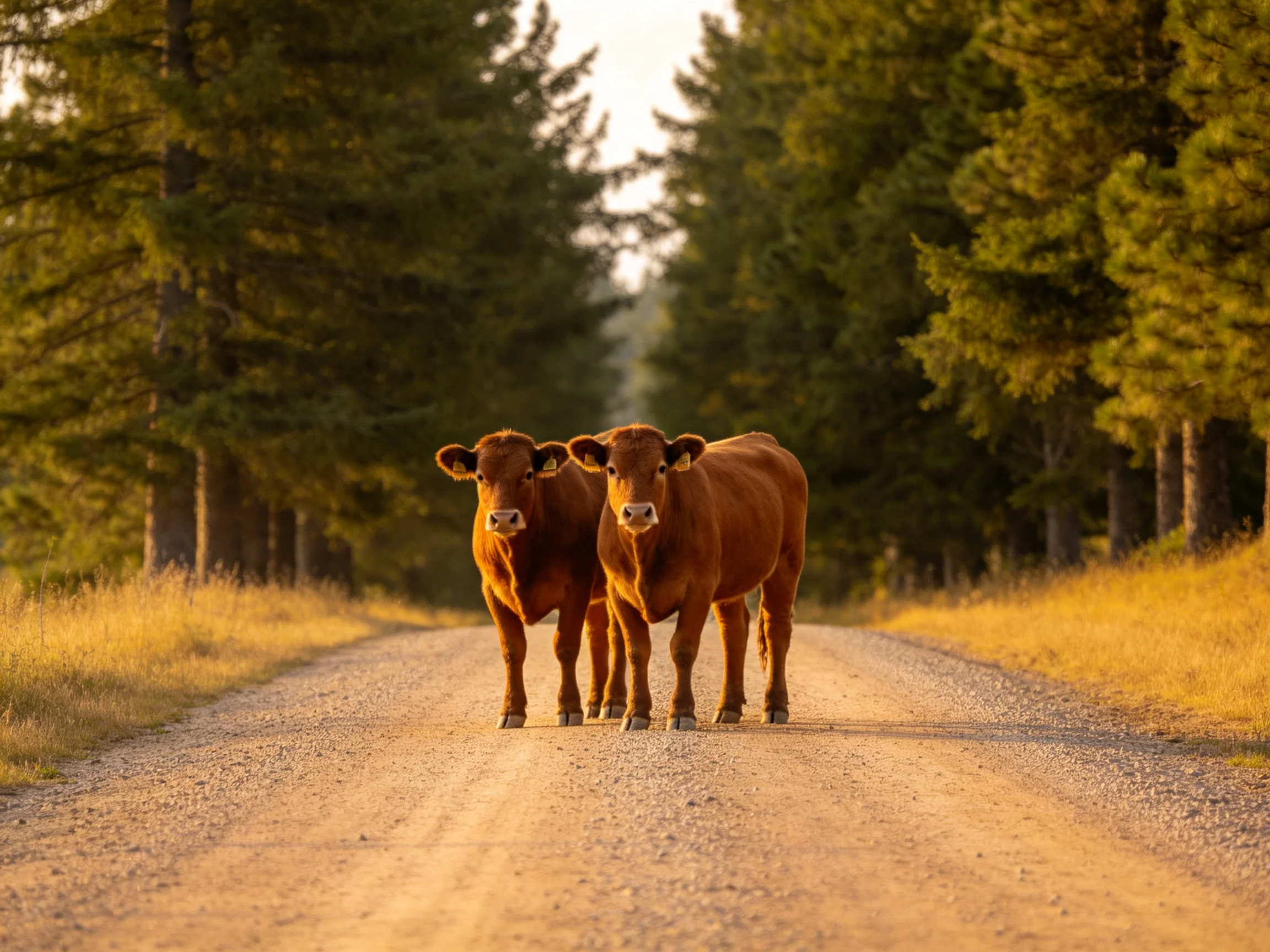 Two brown cows stand on a sunlit gravel path lined with tall evergreen trees