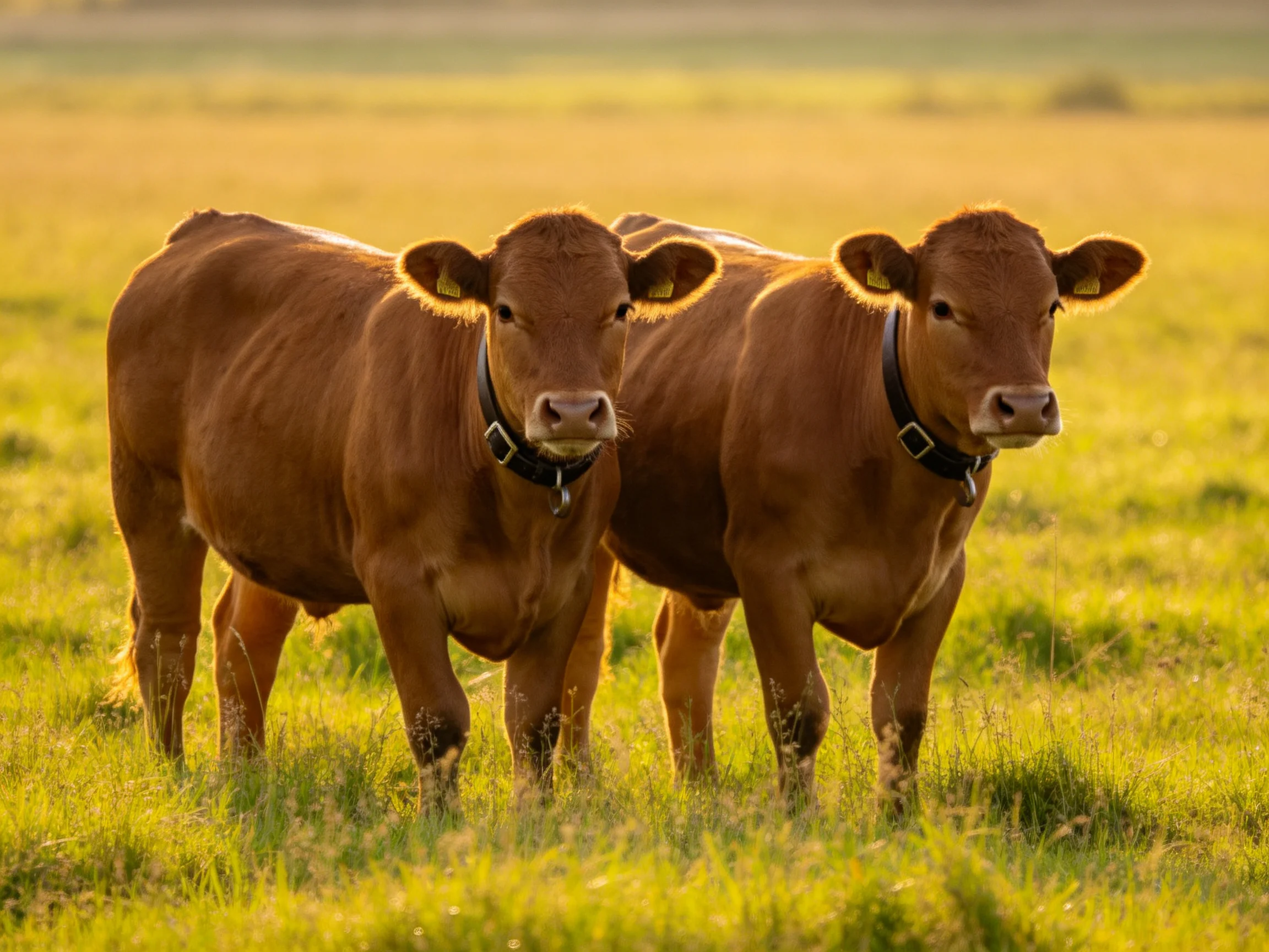 Two brown cows stand together in a sunlit grassy field