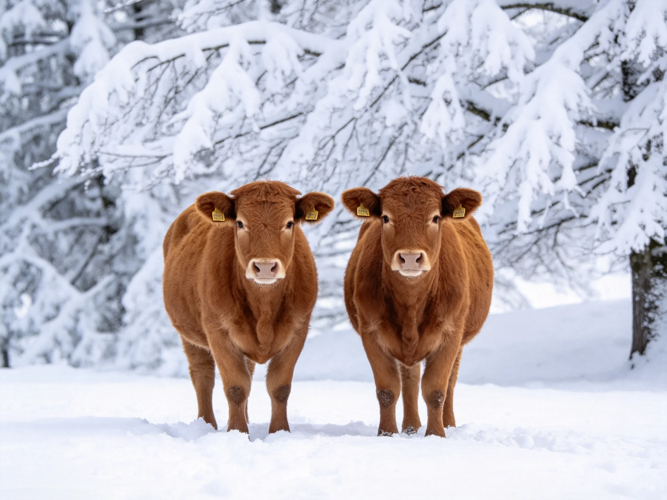 Two brown cows standing in a snow-laden wintry landscape