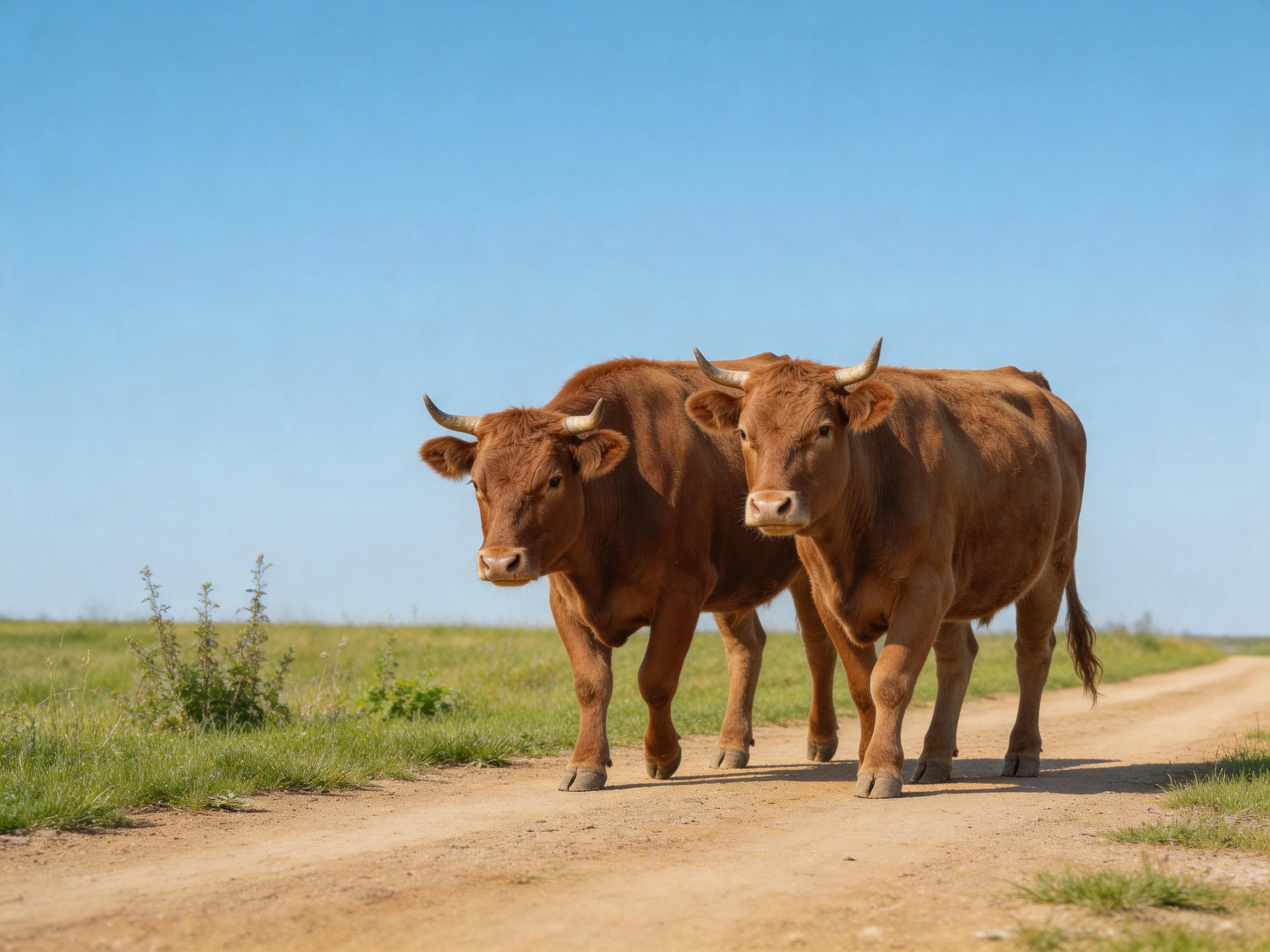 Two brown cows stroll down a dusty rural dirt road with green fields