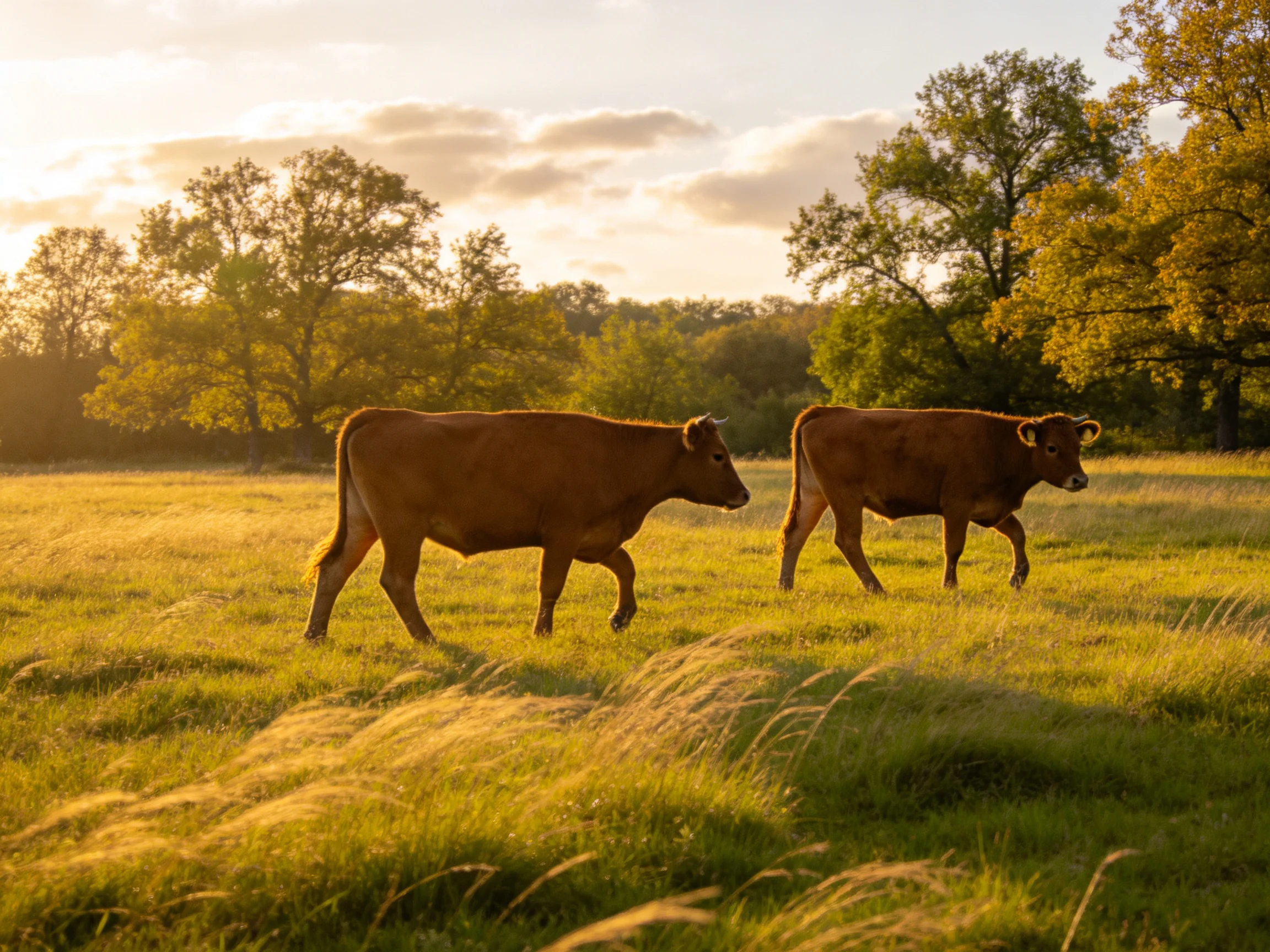 Two brown cows stroll through a sunlit green pasture near golden-hued trees