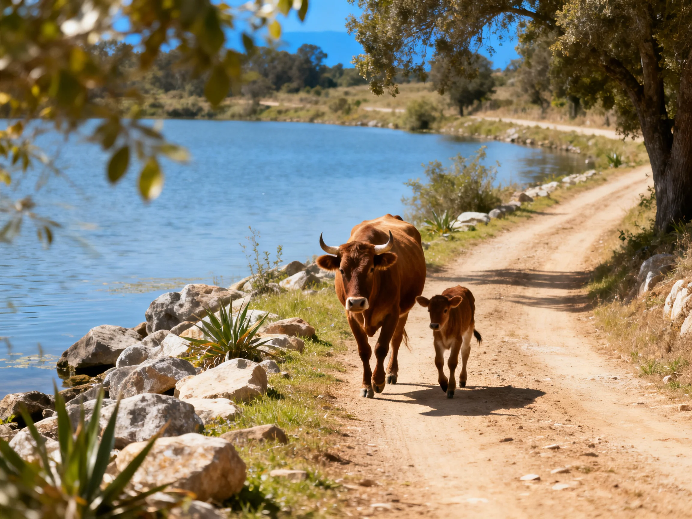 Two brown cows walk along a dusty path beside a calm blue lake