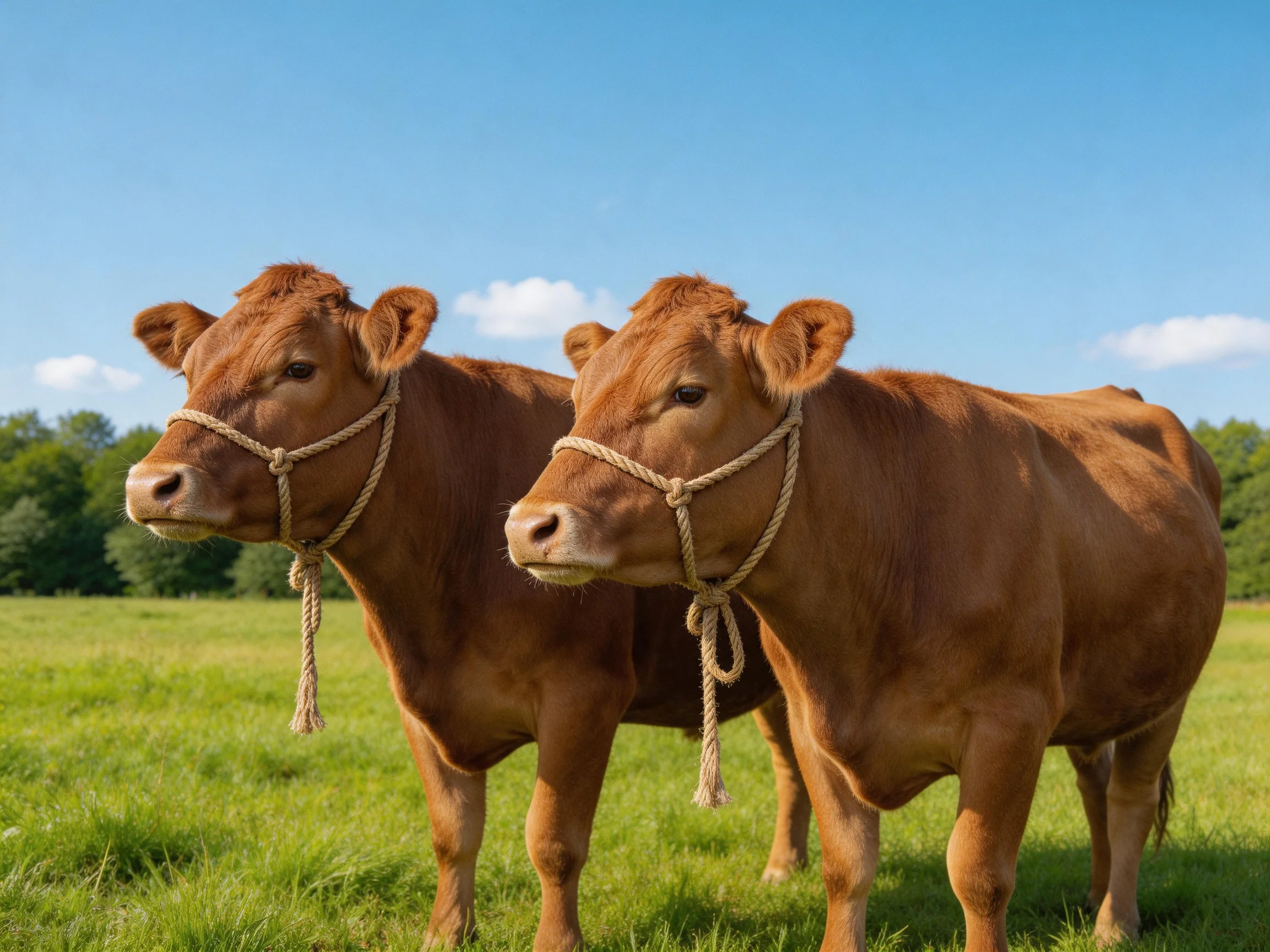 Two brown cows with ropes stand in a sunny green pasture
