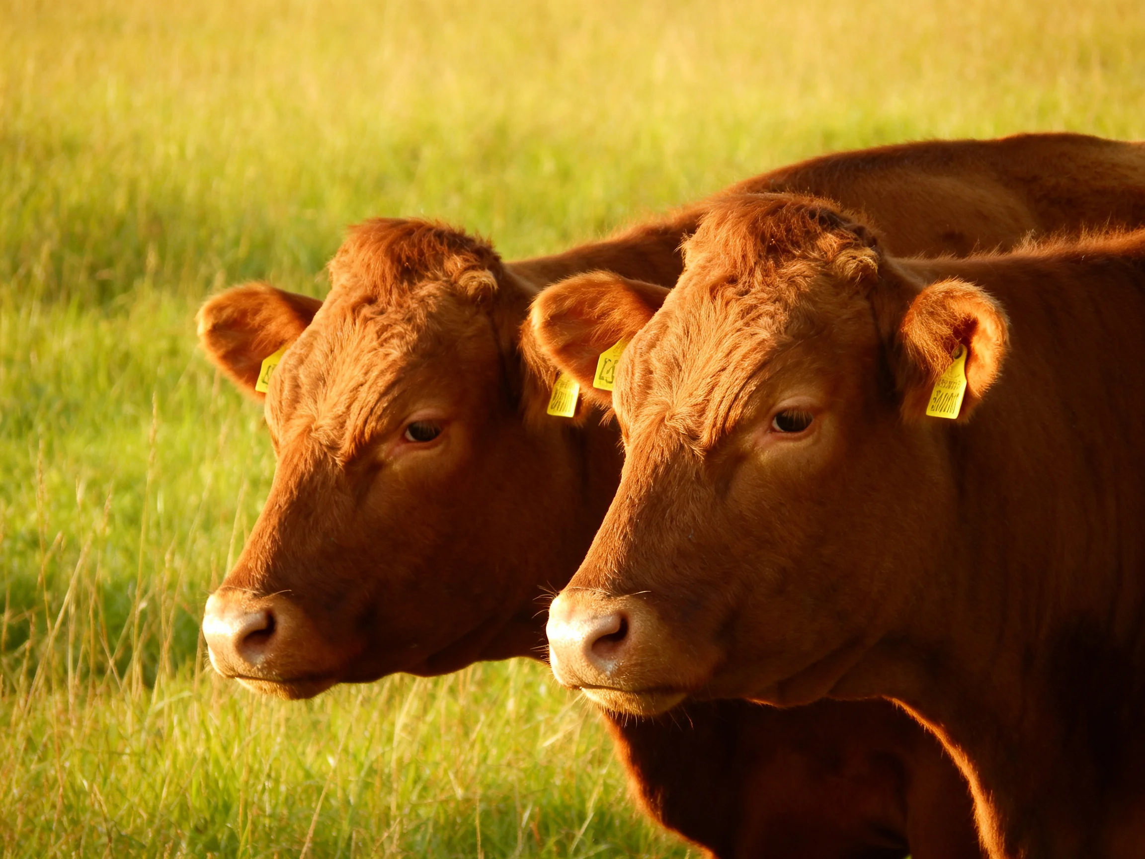 Two brown cows with yellow ear tags graze in a sunlit meadow