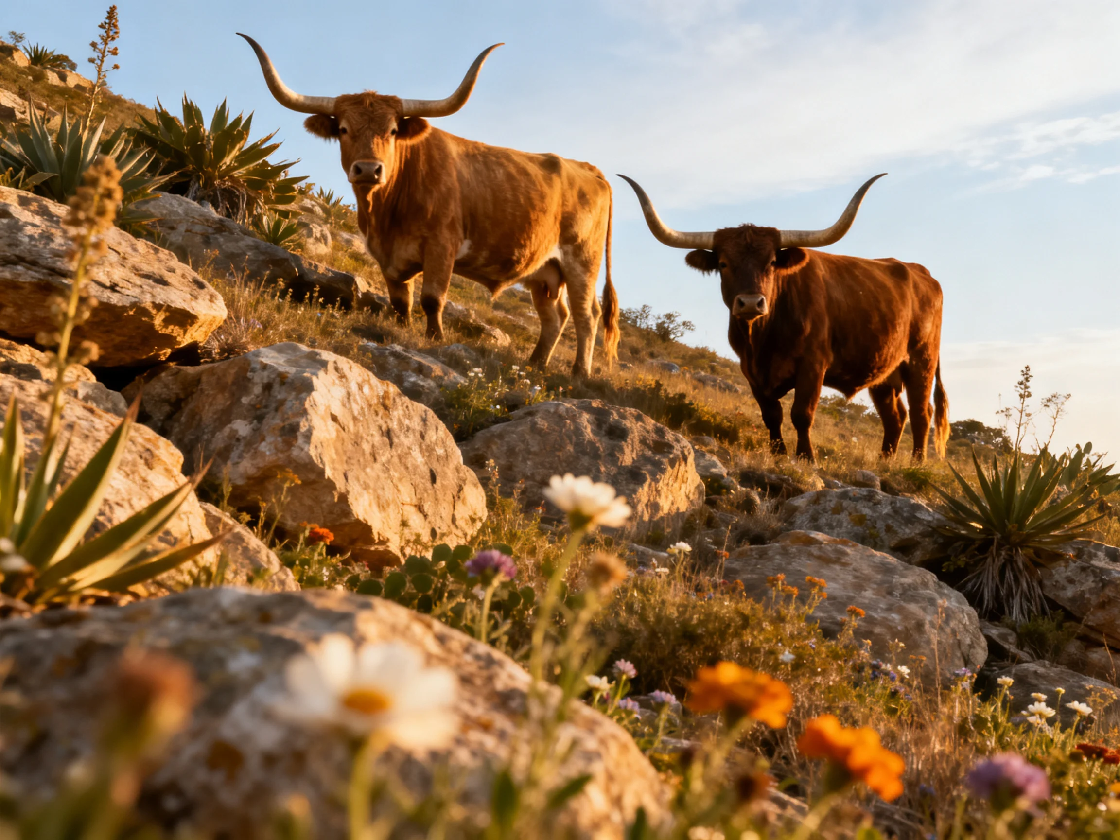 Two brown horned cattle on a rocky hillside with wildflowers