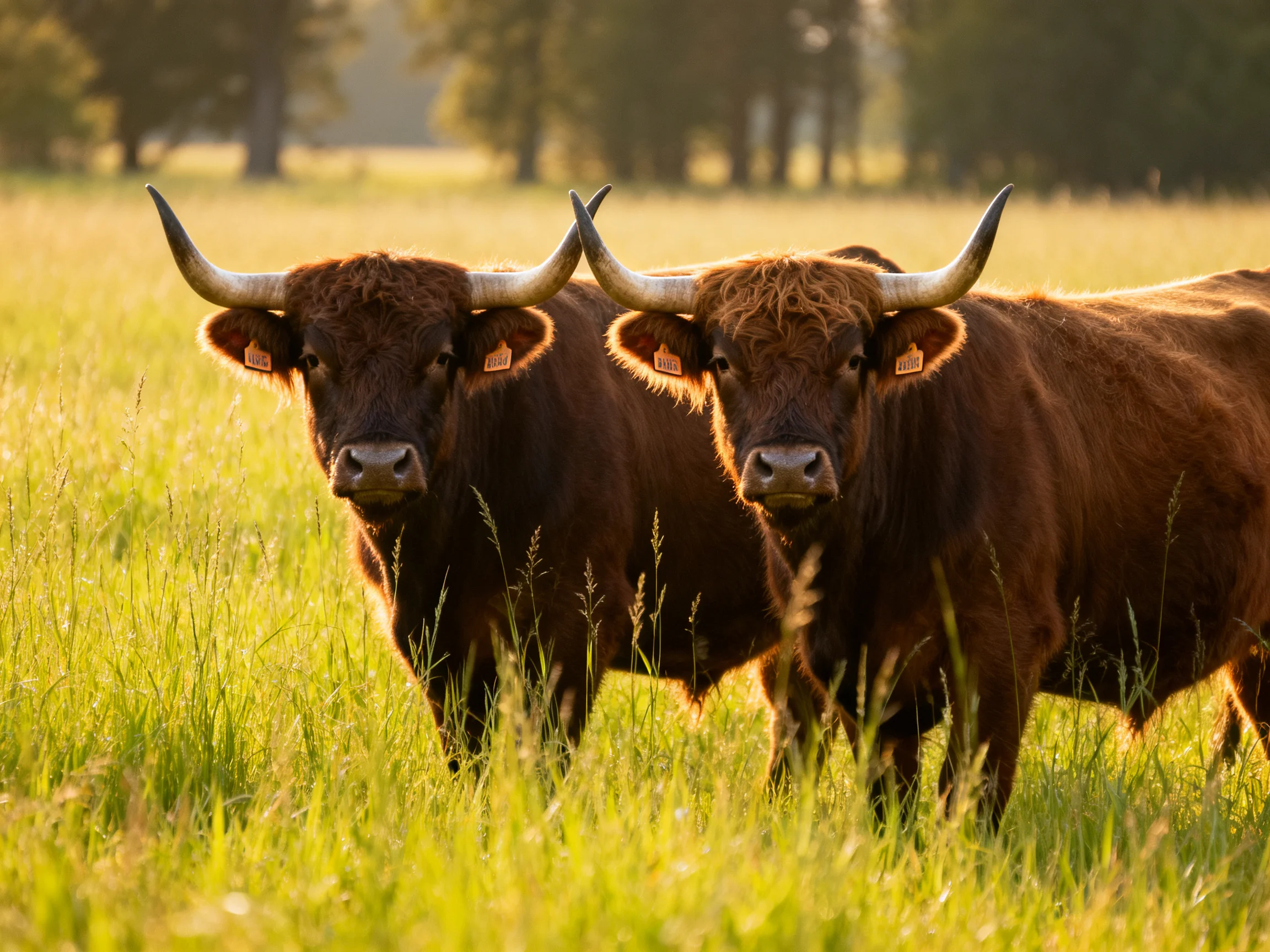 Two brown horned cattle stand in a sunlit green meadow