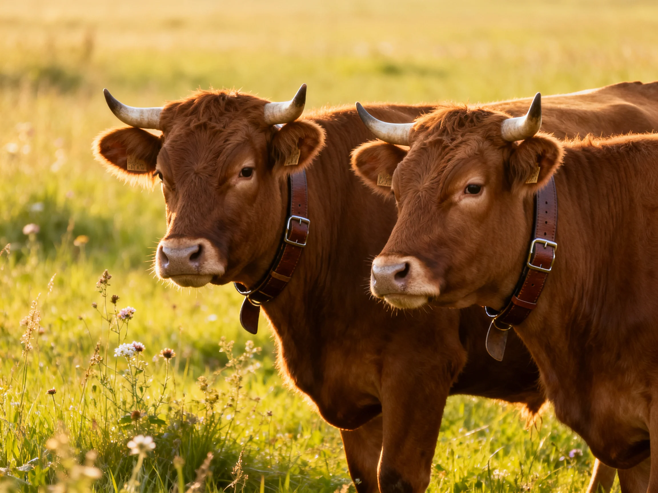 Two brown horned cows graze in a sun-drenched meadow