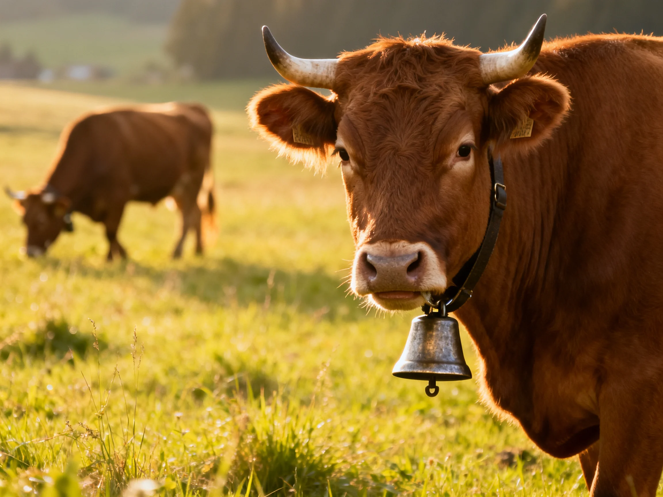 Two brown horned cows graze in a sunlit green pasture, one with a bell