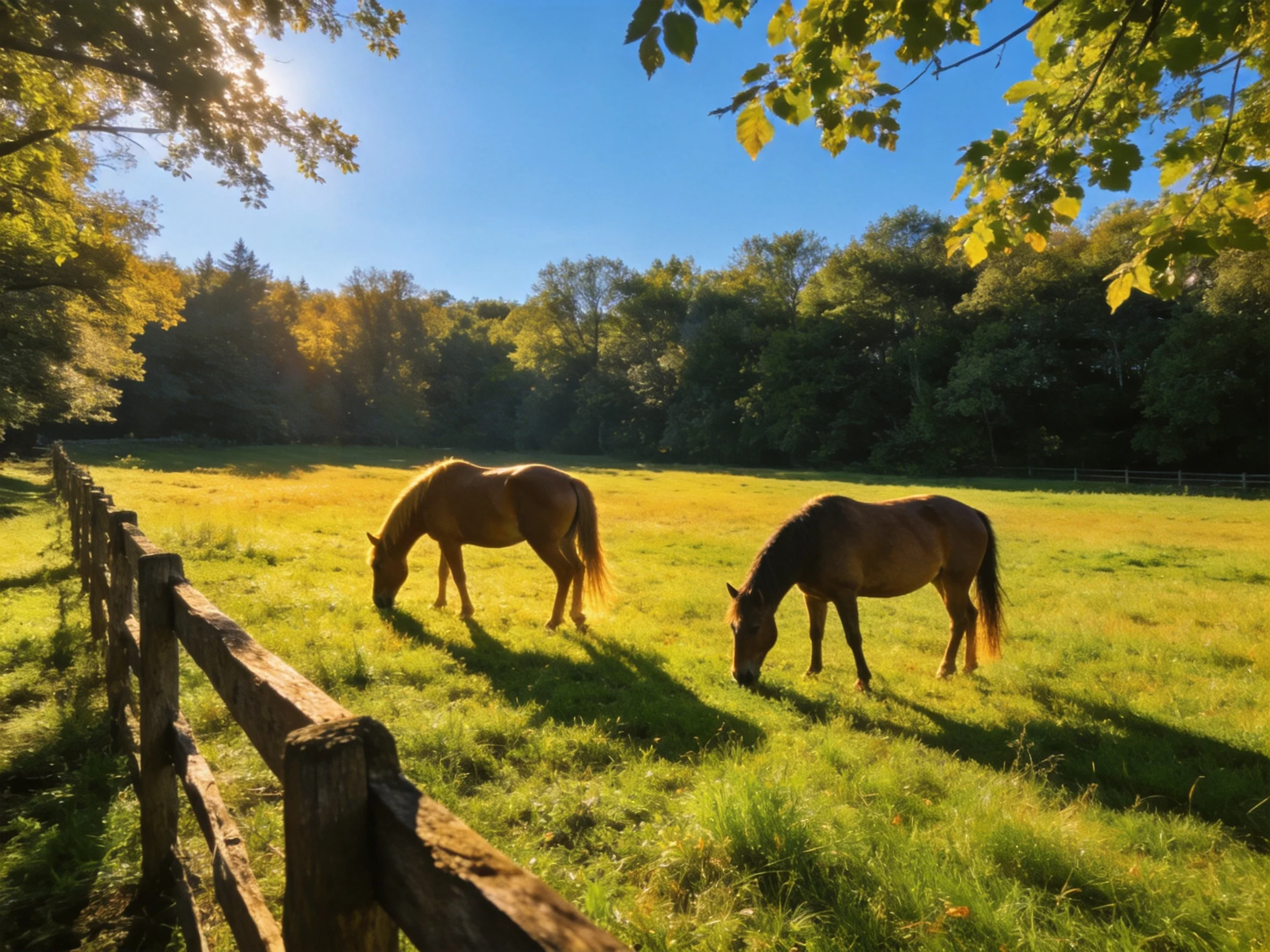 Two horses graze in a sunlit meadow bordered by a wooden fence