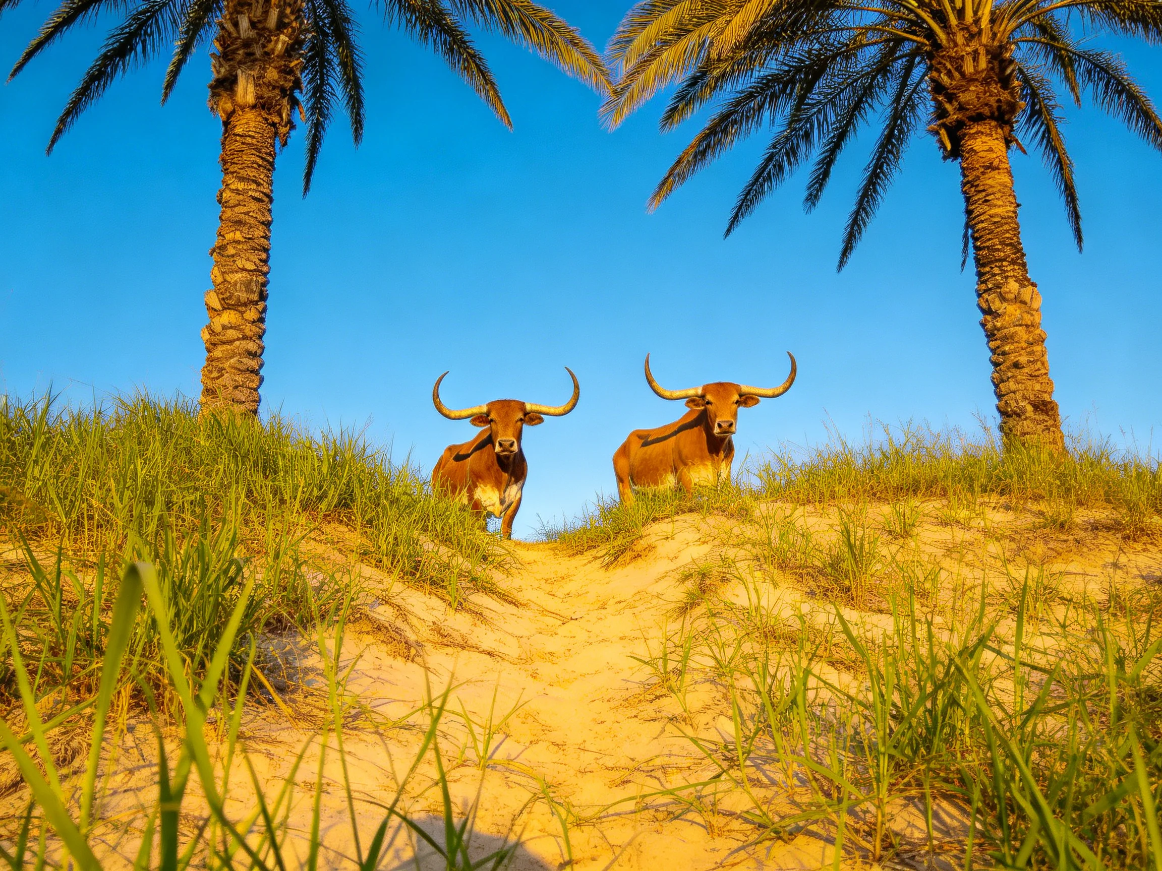 Two brown longhorn cattle beside tall palm trees on a sandy hill
