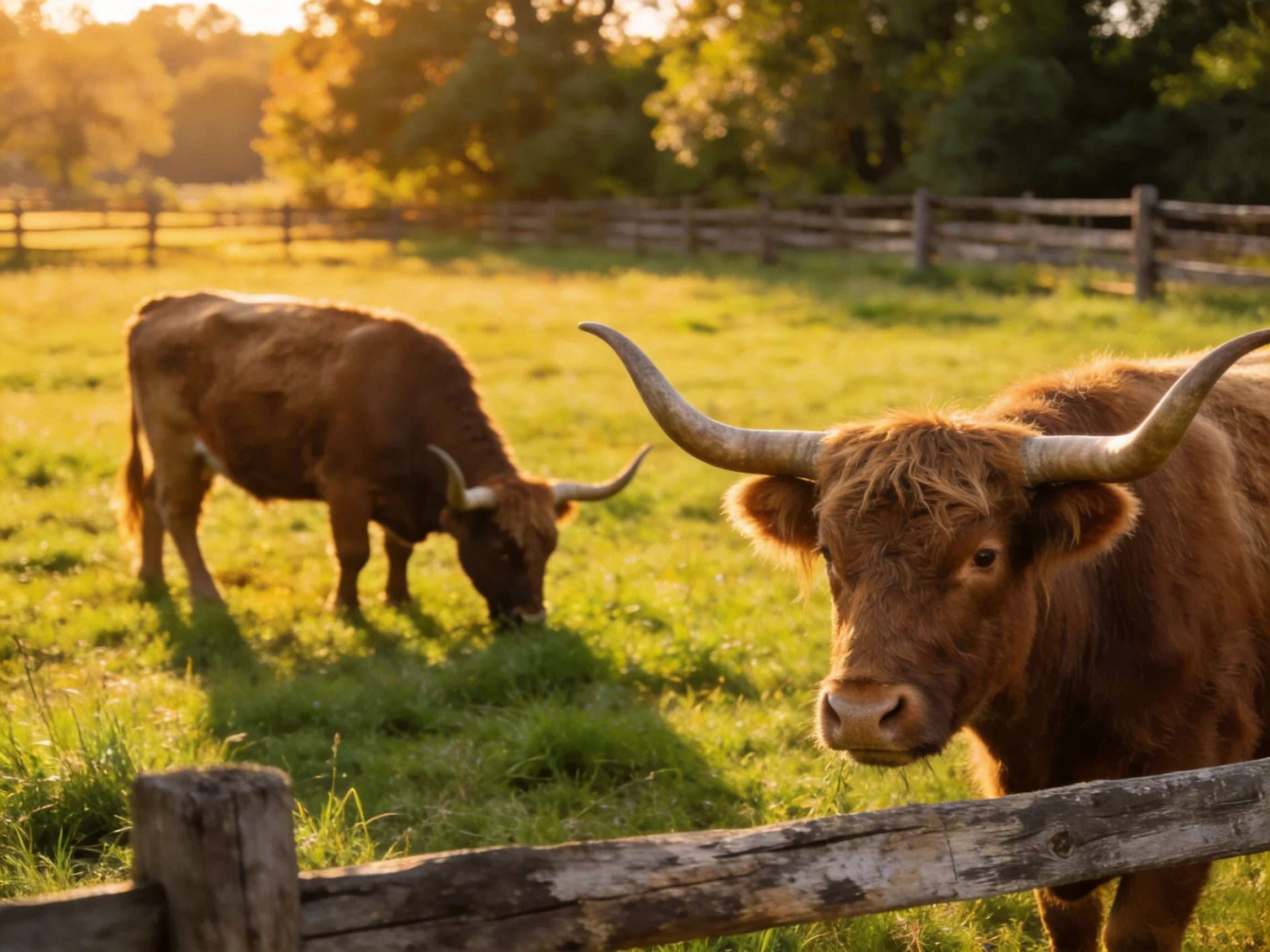 Two brown longhorn cattle graze in a sunlit green pasture near a wooden fence